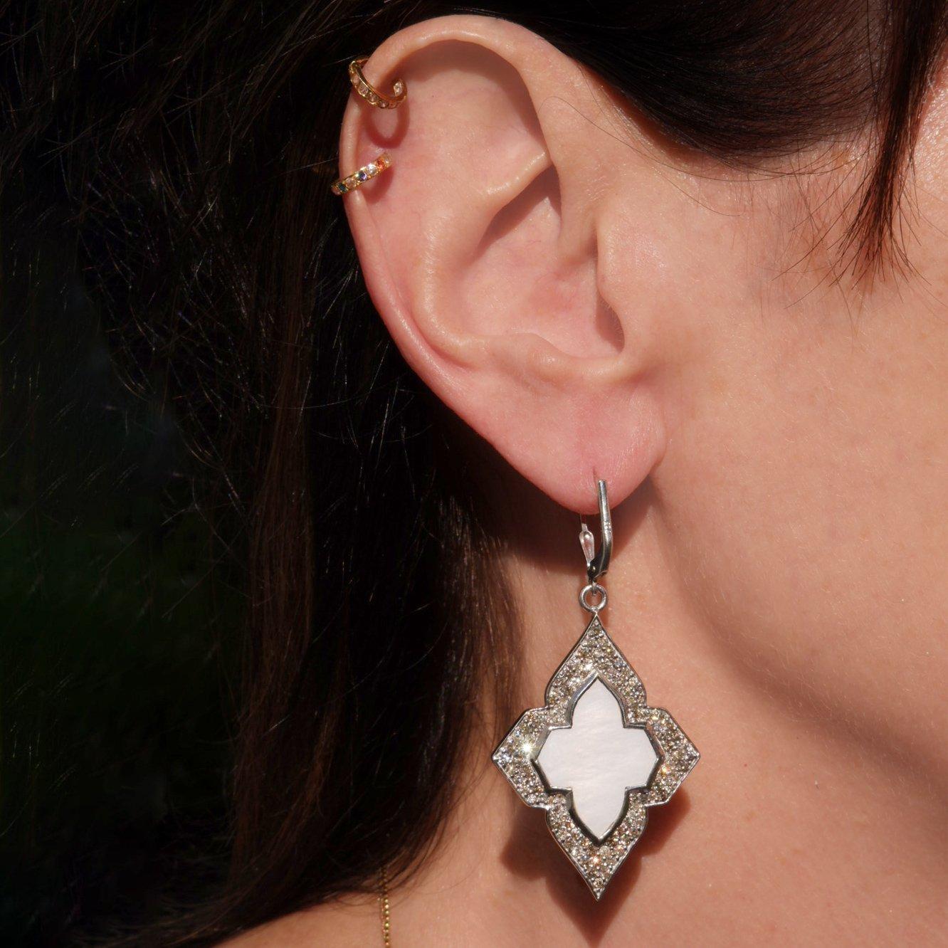 Mixed Cut Mother of Pearl Diamond Earrings For Sale