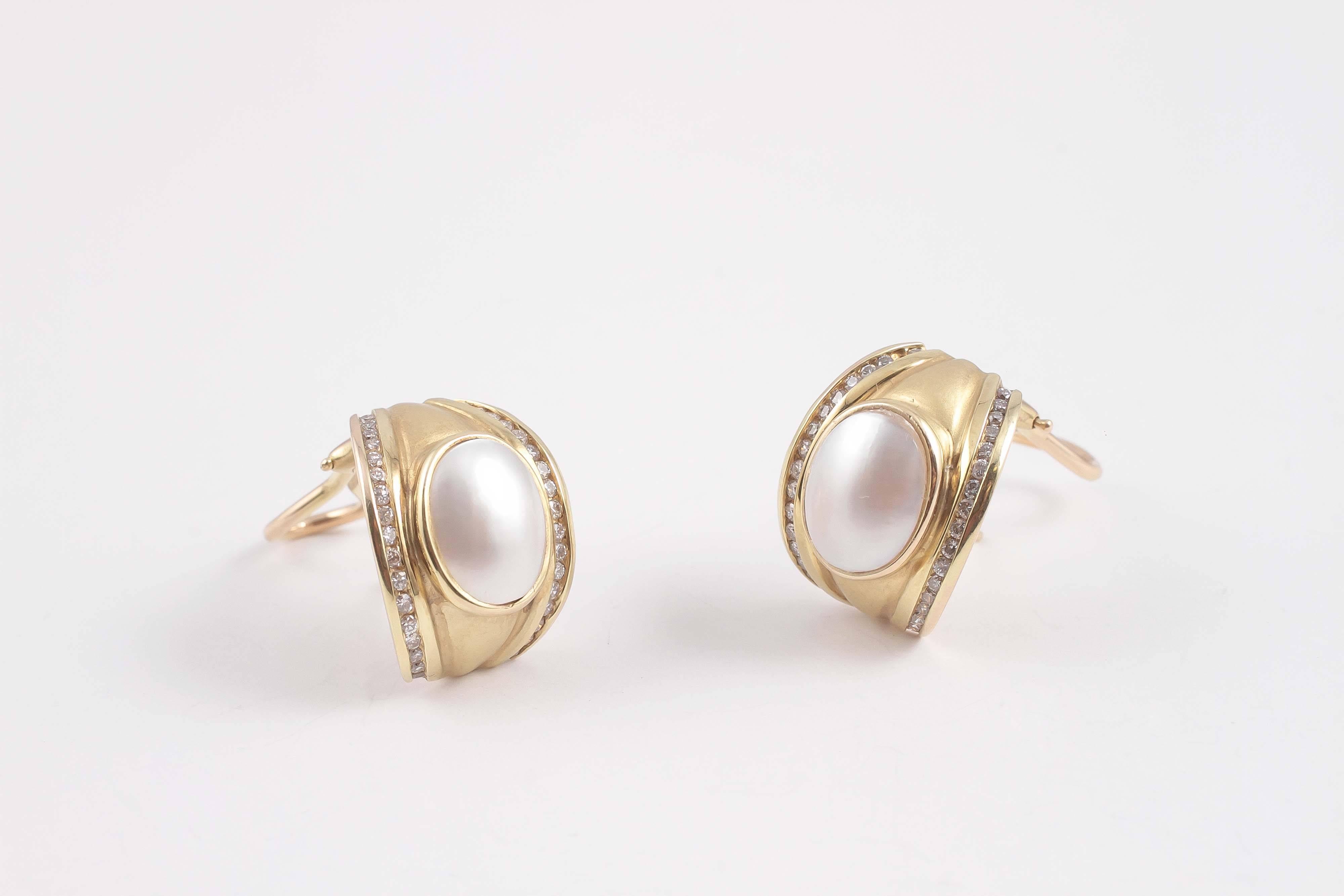 Contemporary Mother of Pearl Diamond Gold Earrings For Sale