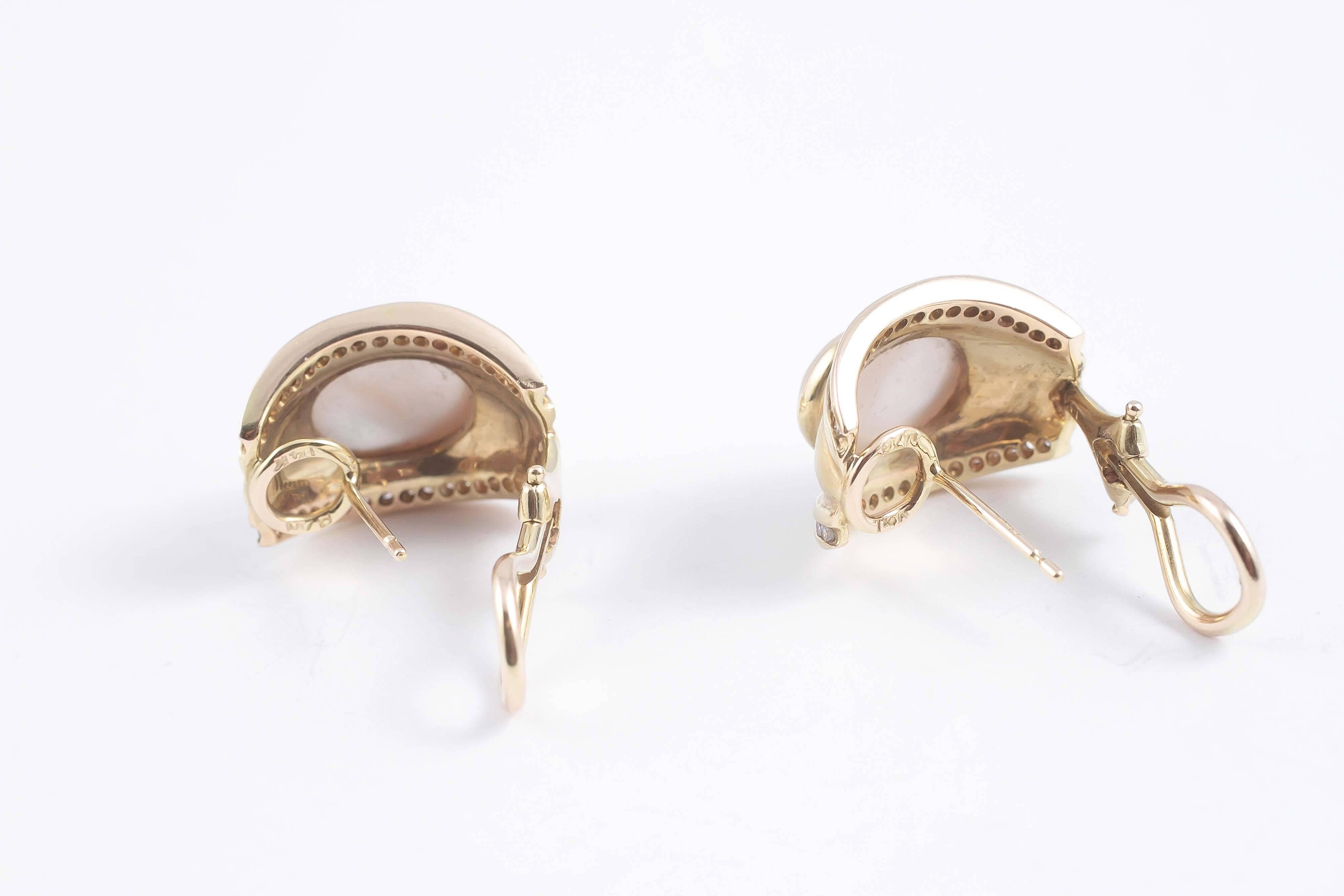 Mother of Pearl Diamond Gold Earrings For Sale 1