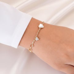Mother of Pearl Diamond Heart Charms Chain Bracelet 18 Karat Yellow Gold