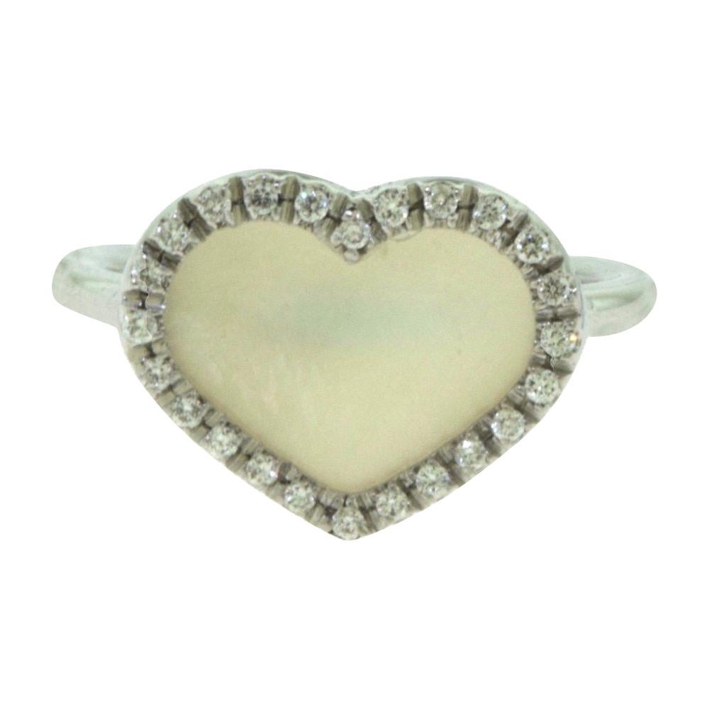 Mother of Pearl Diamond Heart Ring in 18 Karat White Gold For Sale