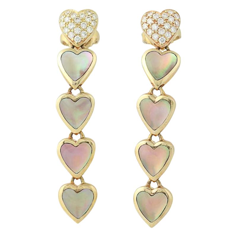 Mother of Pearl & Diamond Kabana Heart Earrings, 14 Karat Gold Round Cut .26ctw