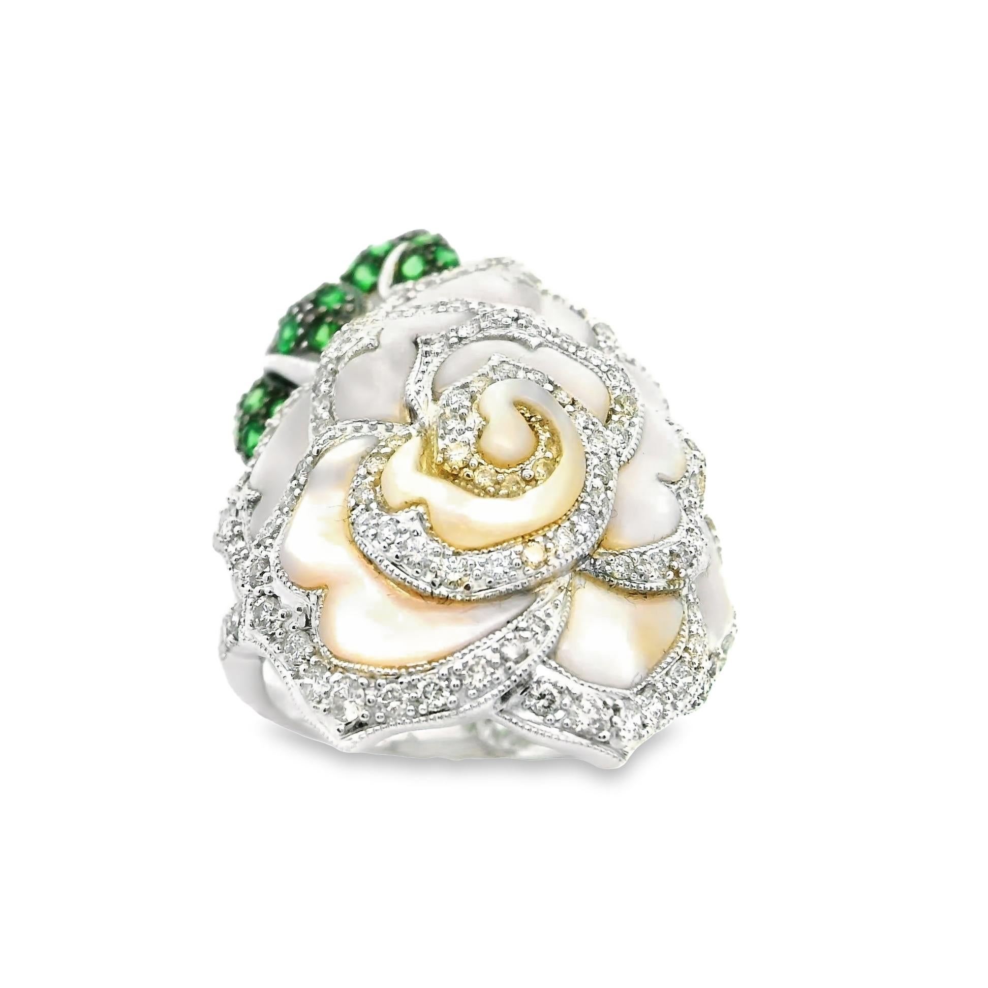 Round Cut Mother-of-Pearl Diamond Tsavorite 18k White Gold Rose Flower Ring For Sale