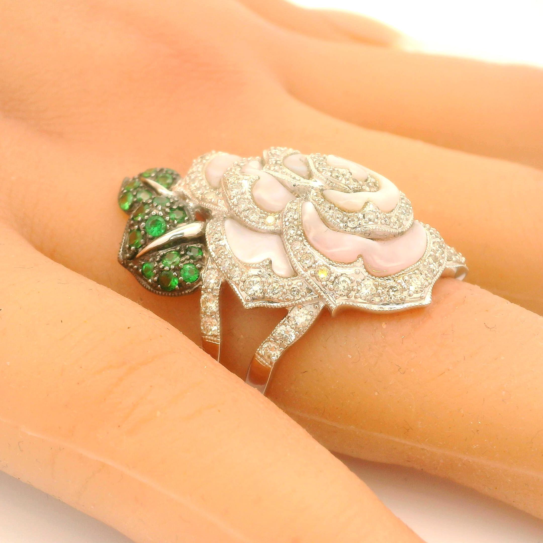 Women's Mother-of-Pearl Diamond Tsavorite 18k White Gold Rose Flower Ring For Sale