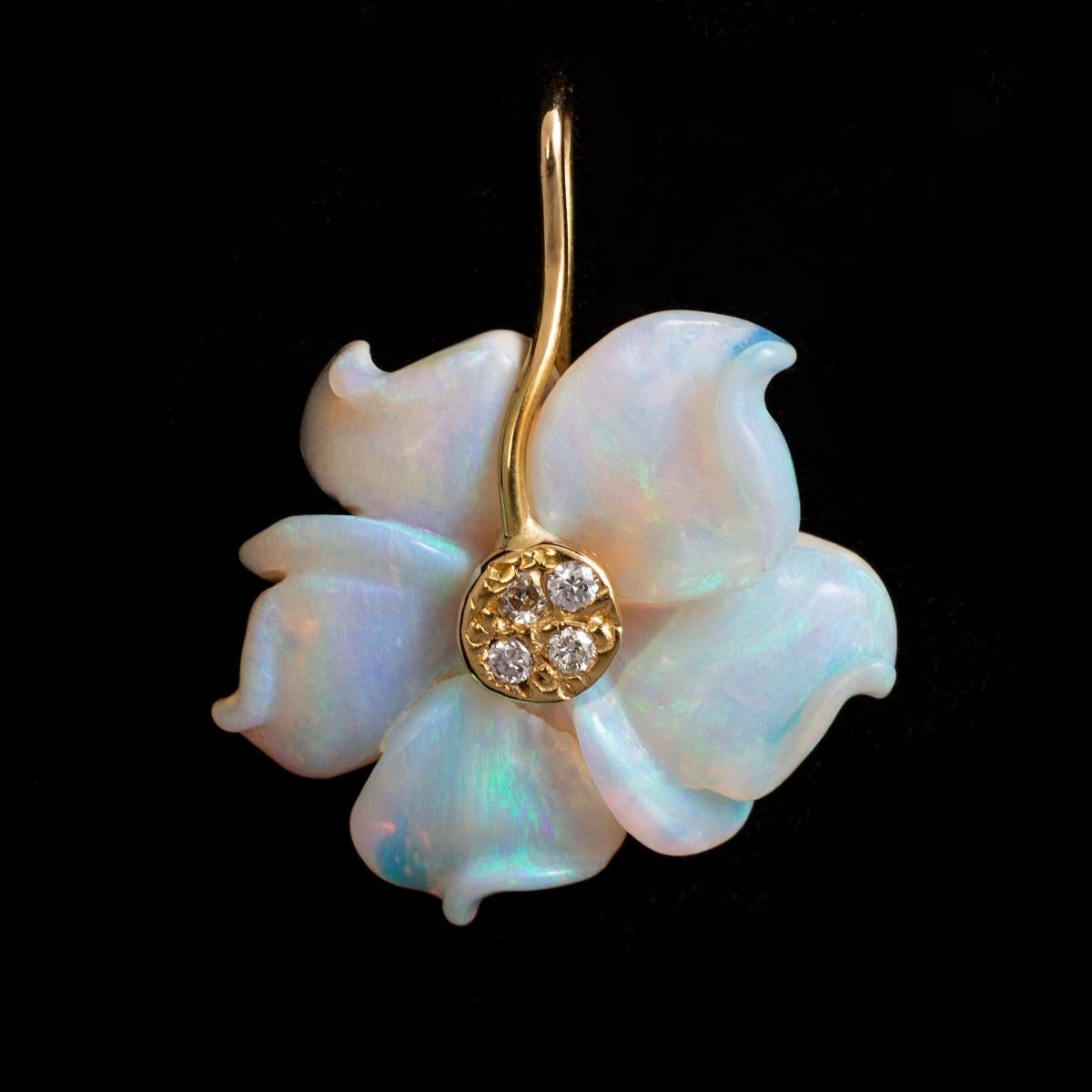 Aesthetic Movement Opal Diamond Yellow Gold Flower Pendant
