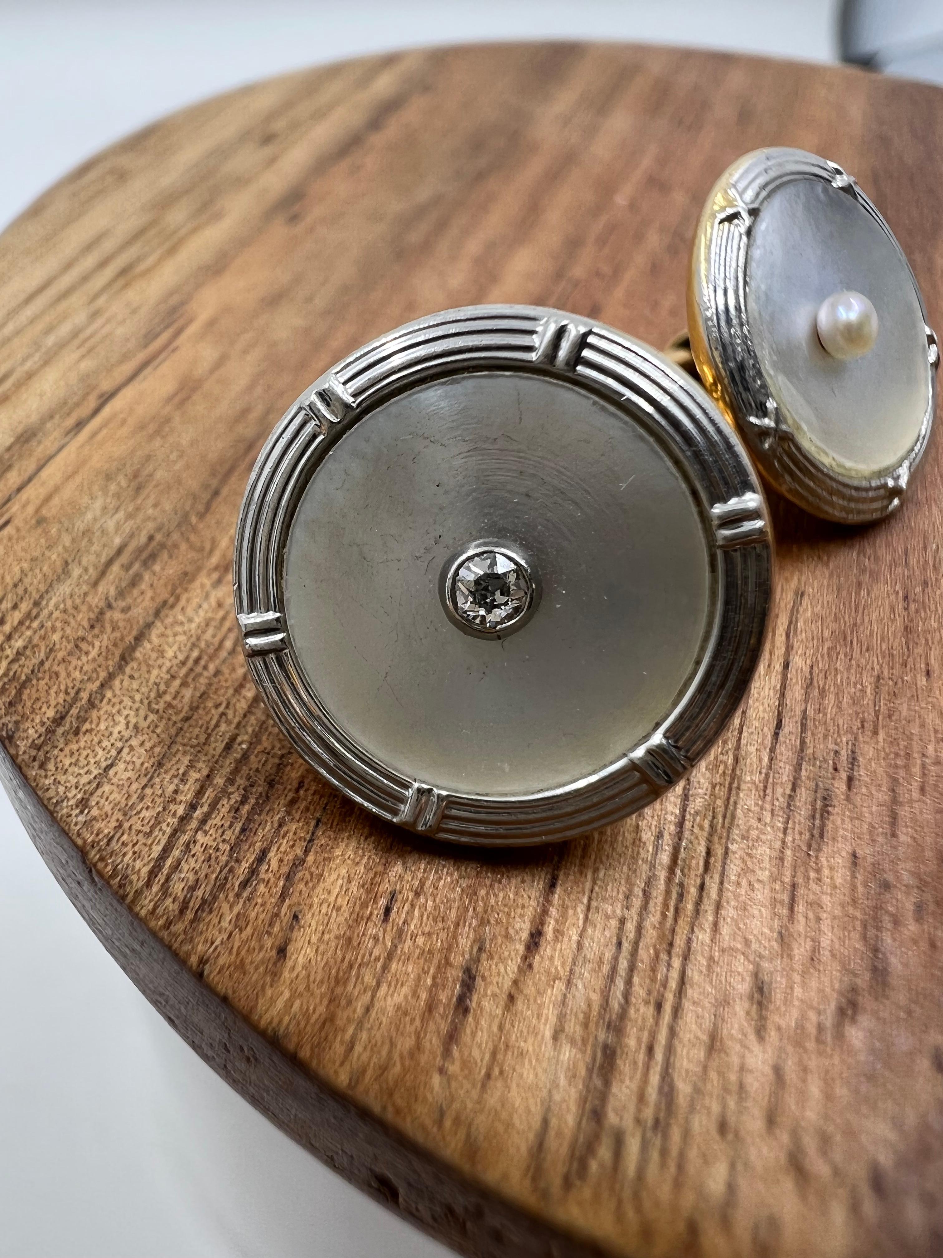 Mother of pearl, diamonds and pearls Cufflinks For Sale 1