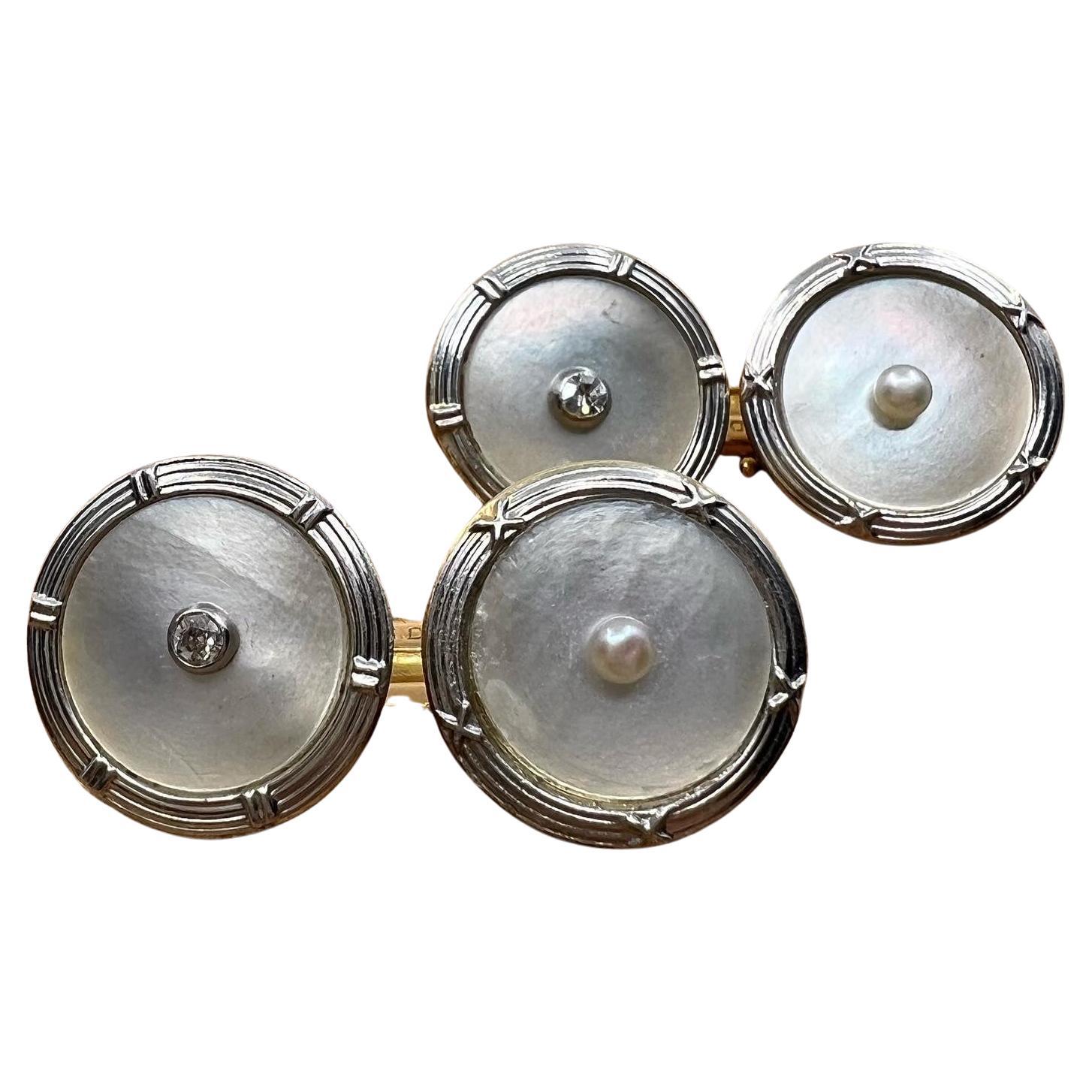 Mother of pearl, diamonds and pearls Cufflinks For Sale