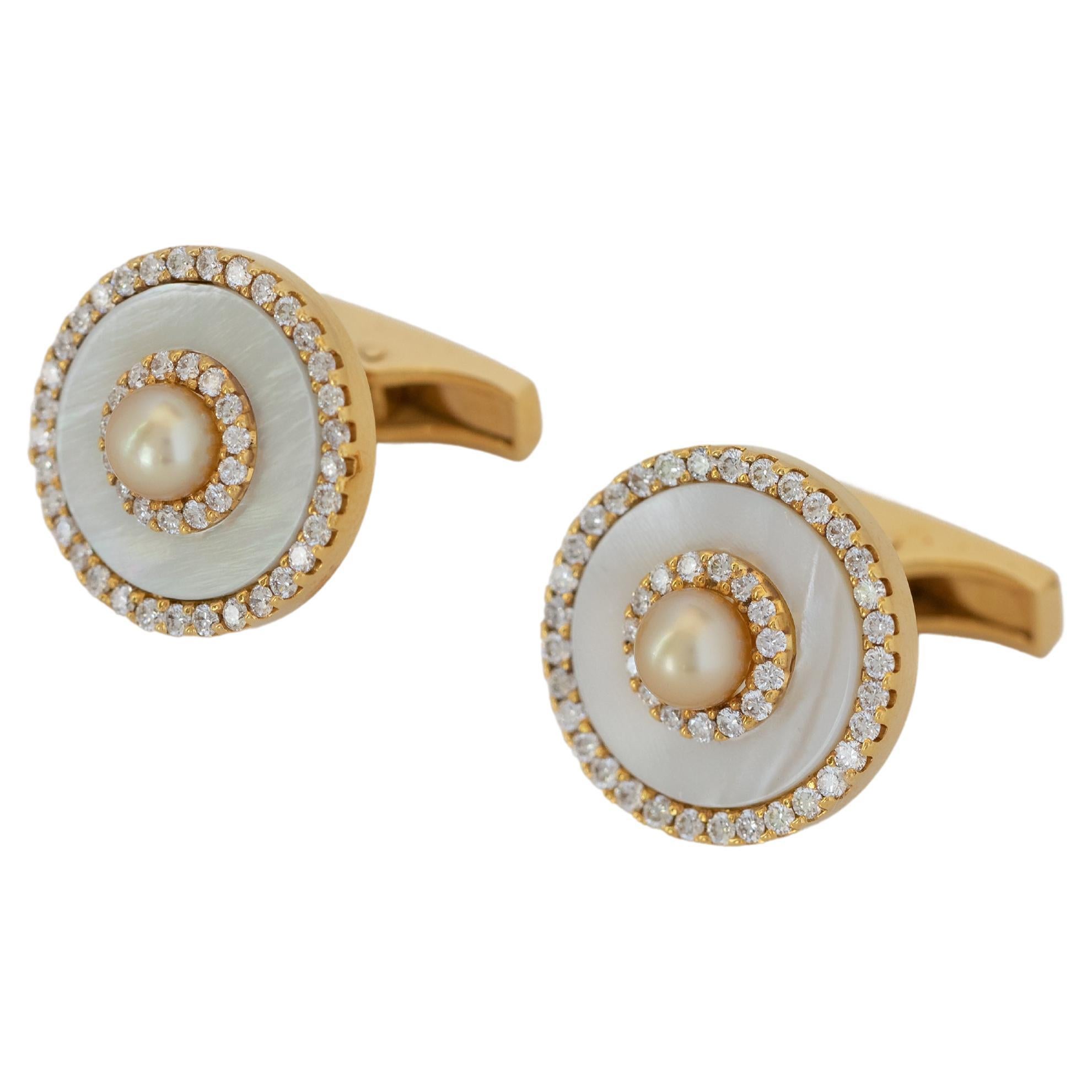 Mother of Pearl Diamonds & Certified Natural Bahraini Pearls Cufflinks 18kt Gold For Sale