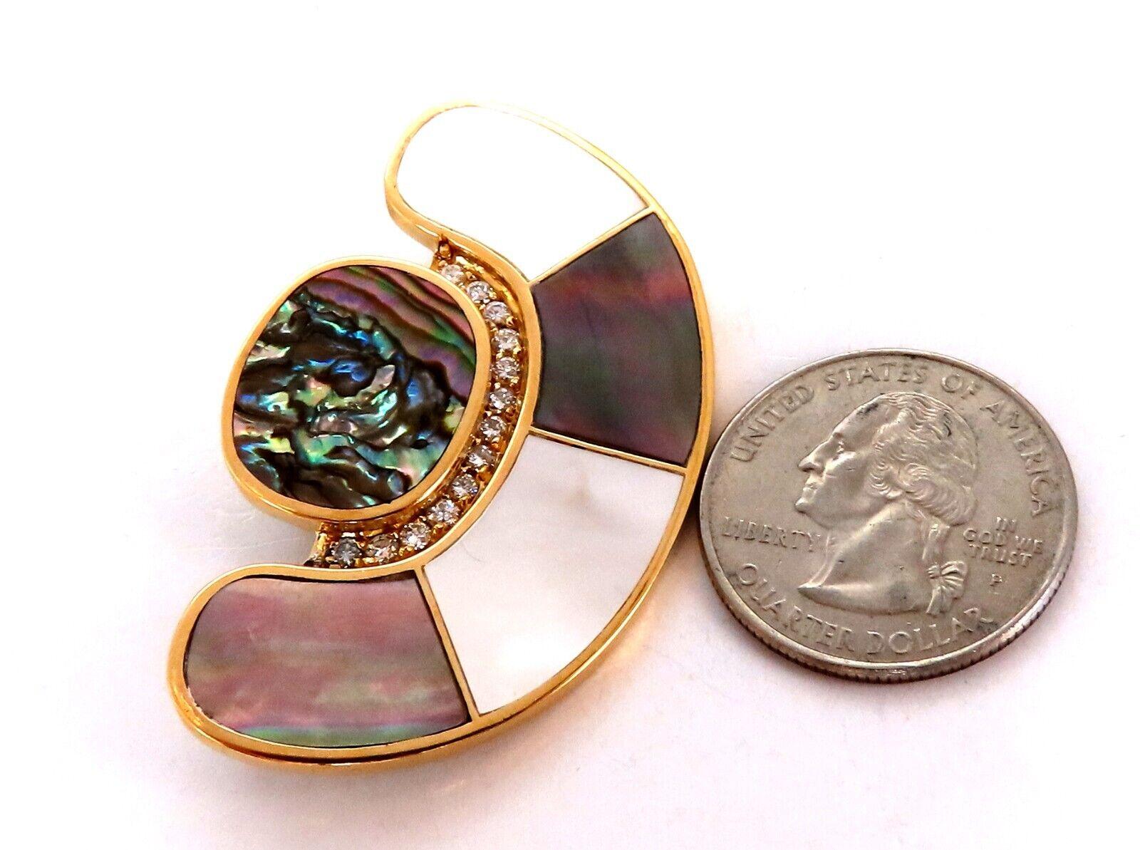 Round Cut Mother of Pearl Diamonds Crescent Pin 18kt For Sale