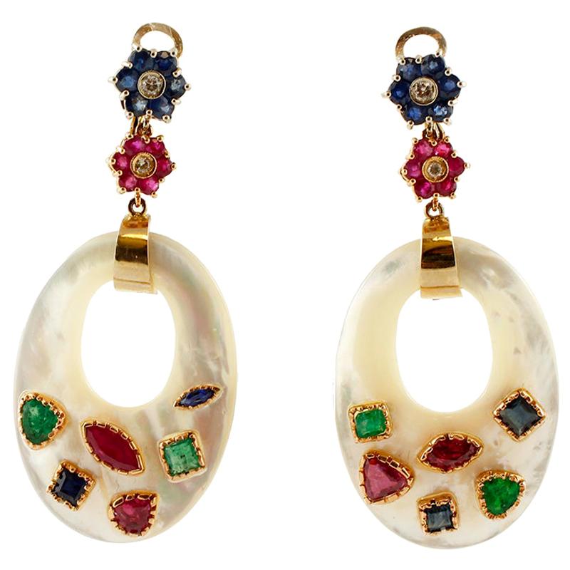 Art Deco Style Diamond Emerald Ruby and Sapphire Dangle Earrings in 18K ...