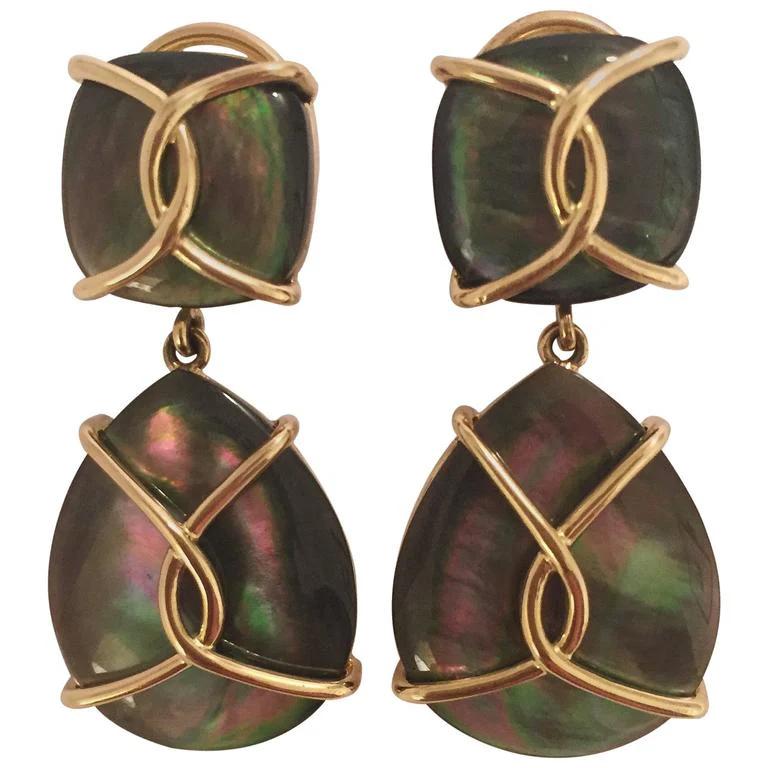 Mother Of Pearl Drop Earrings with Twisted Gold Detail For Sale 4
