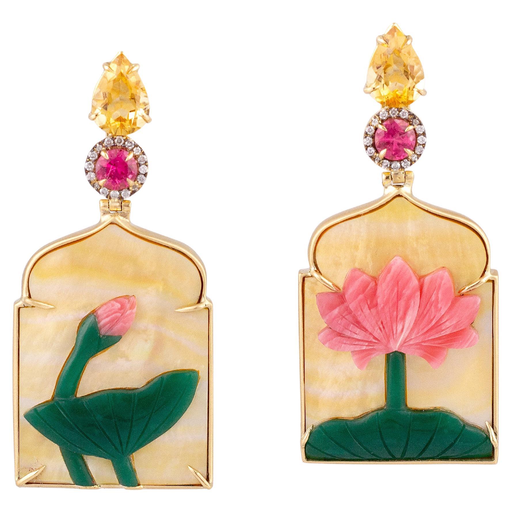 Pre-owned Silvia Furmanovich 18k Yg, Lotus Flower Drop Earrings In Multi