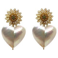 Mother of Pearl Embossed Heart Earrings Peridot Crystal