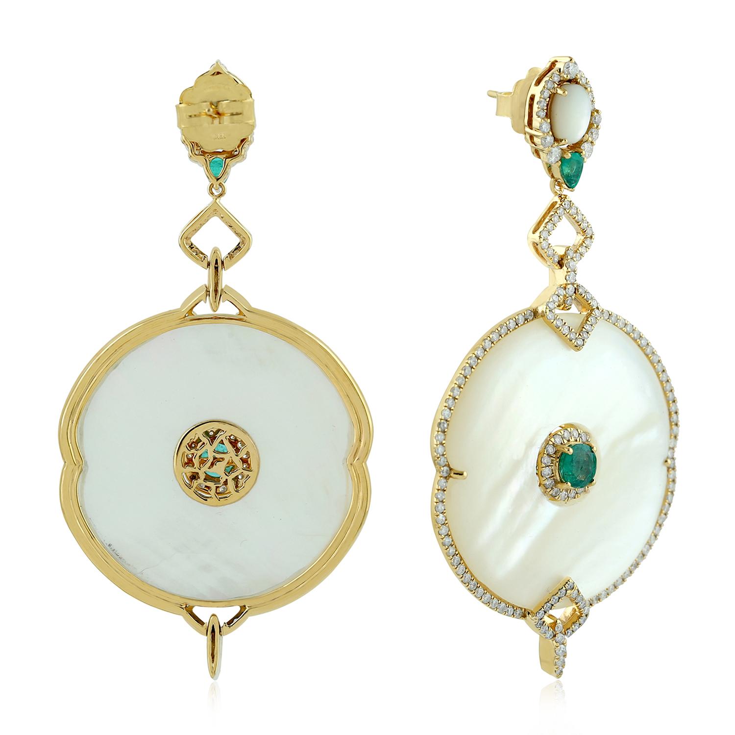Modern Mother of Pearl Emerald Diamond 18 Karat Gold Earrings For Sale