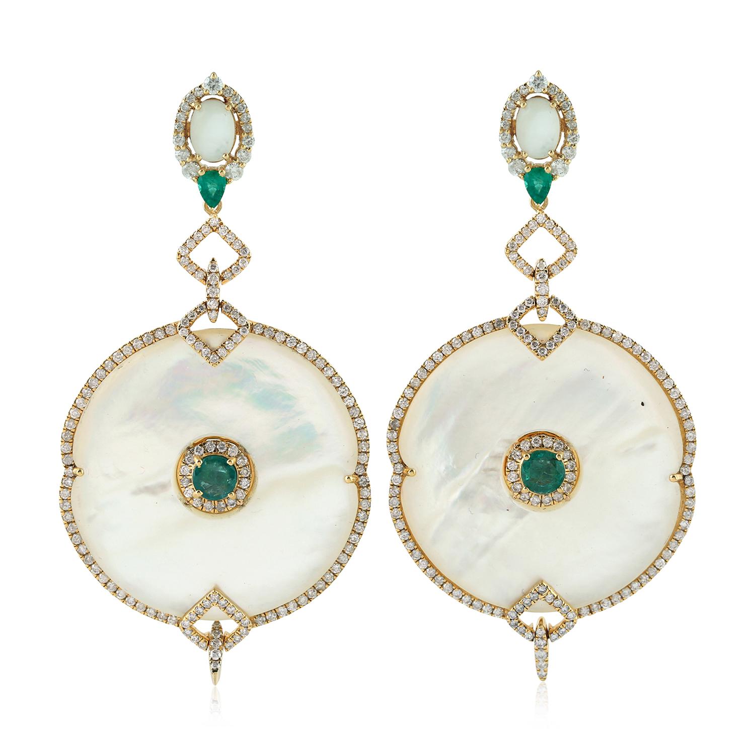 Mixed Cut Mother of Pearl Emerald Diamond 18 Karat Gold Earrings For Sale
