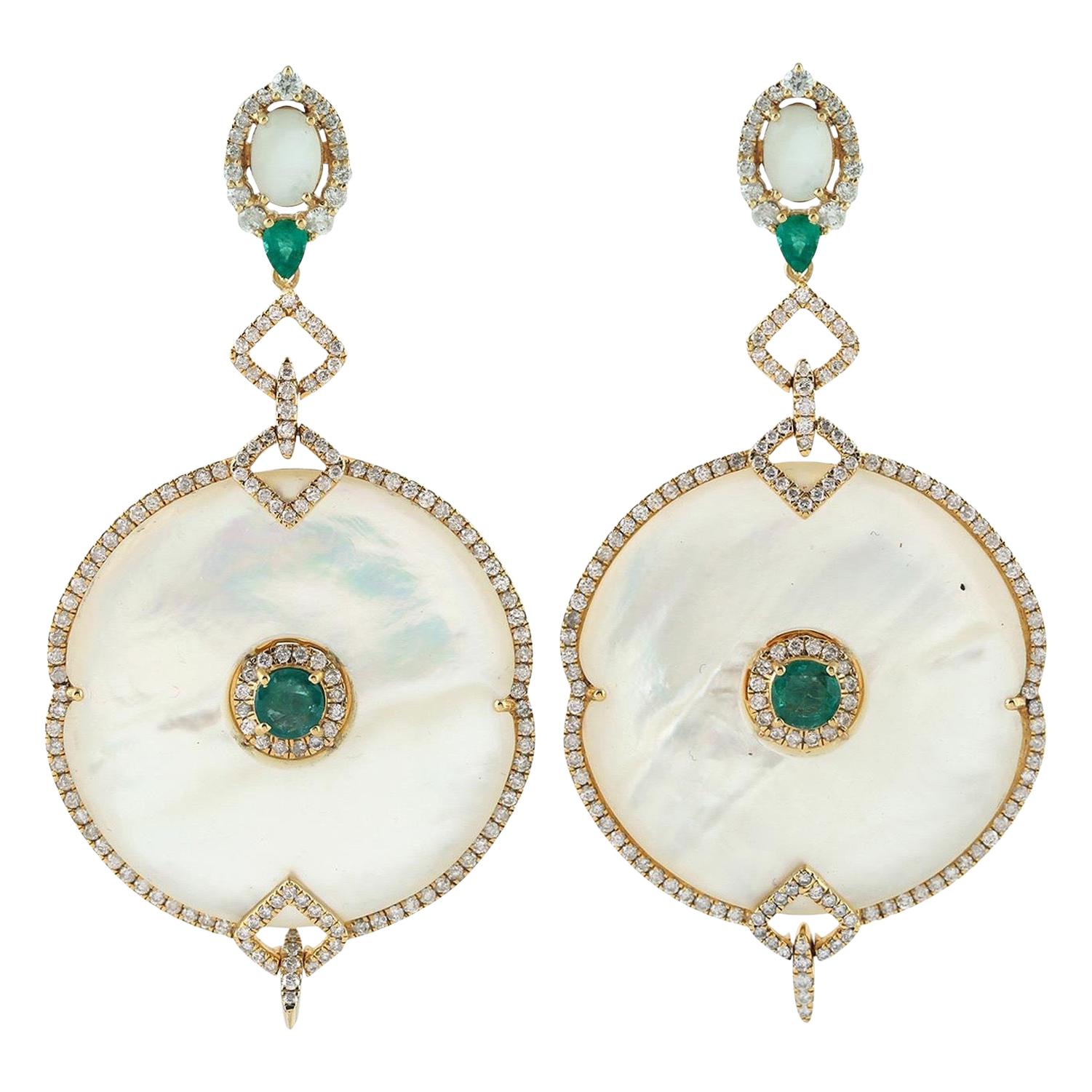 Mother of Pearl Emerald Diamond 18 Karat Gold Earrings For Sale