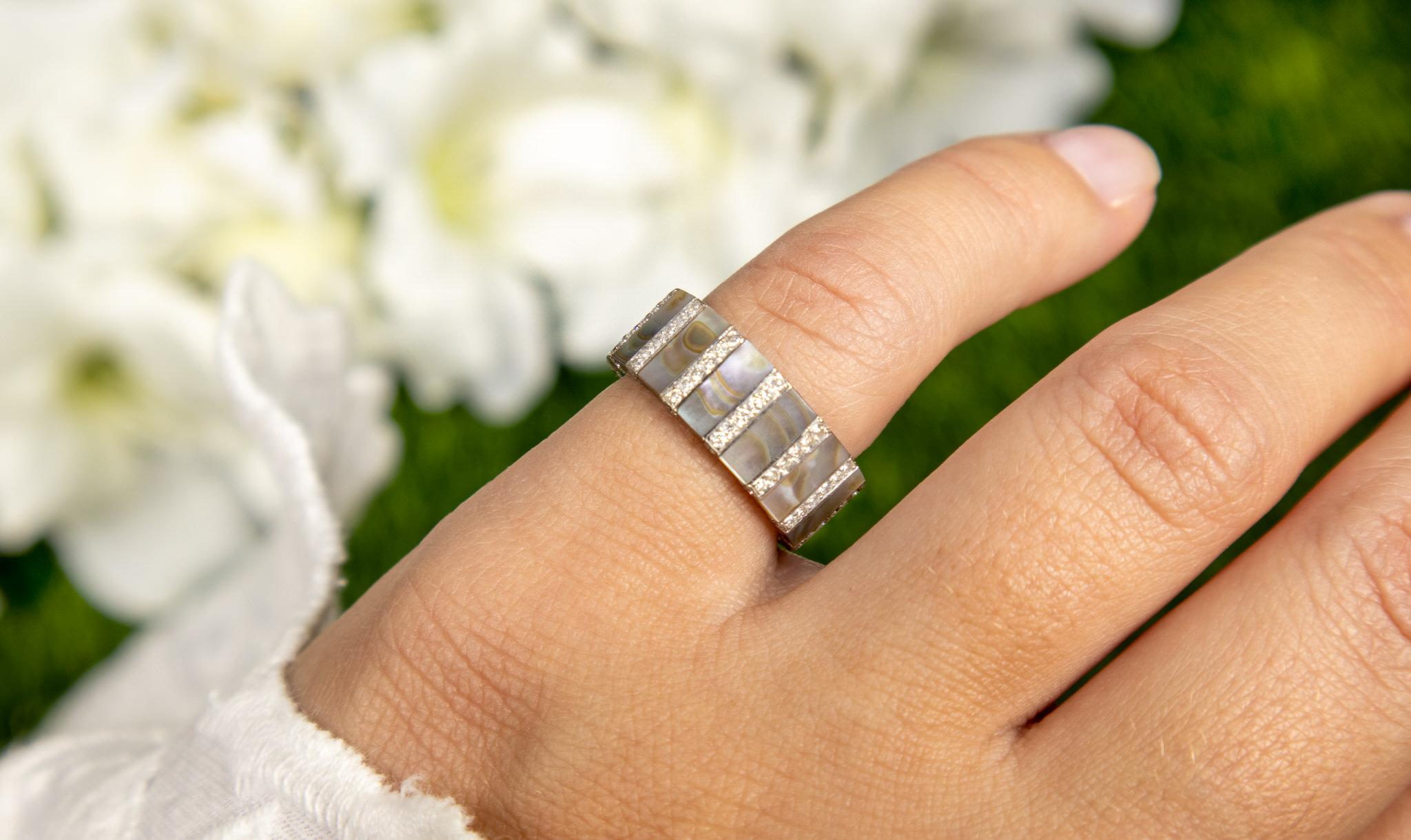 Contemporary Mother Of Pearl Eternity Band Ring Set With Diamonds 18K Gold For Sale