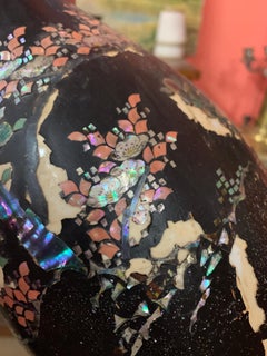 Mother of Pearl Fine Inlaid Black Porcelain Japanese Vase, circa 1870