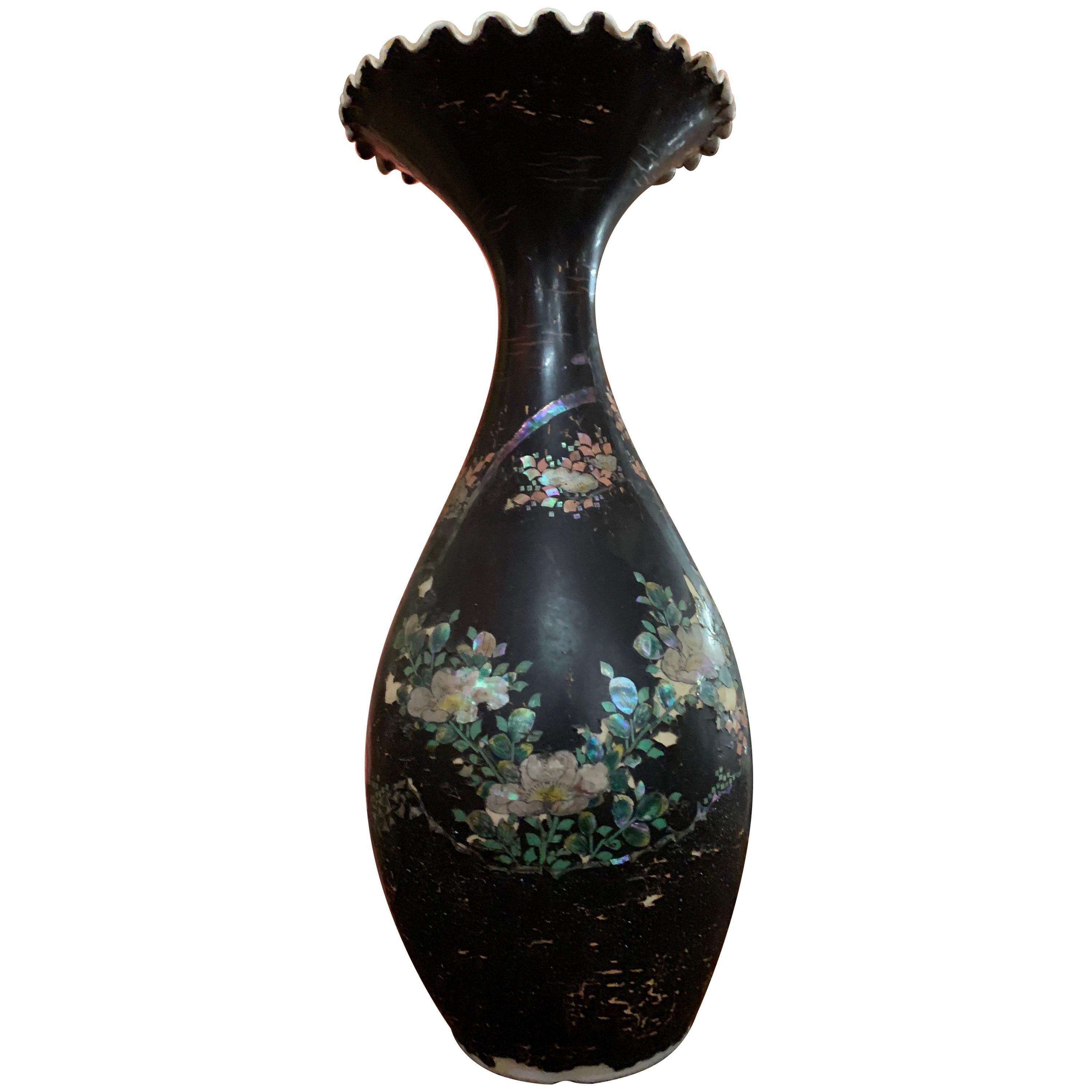 Mother of Pearl Fine Inlaid Black Porcelain Japanese Vase, circa 1870