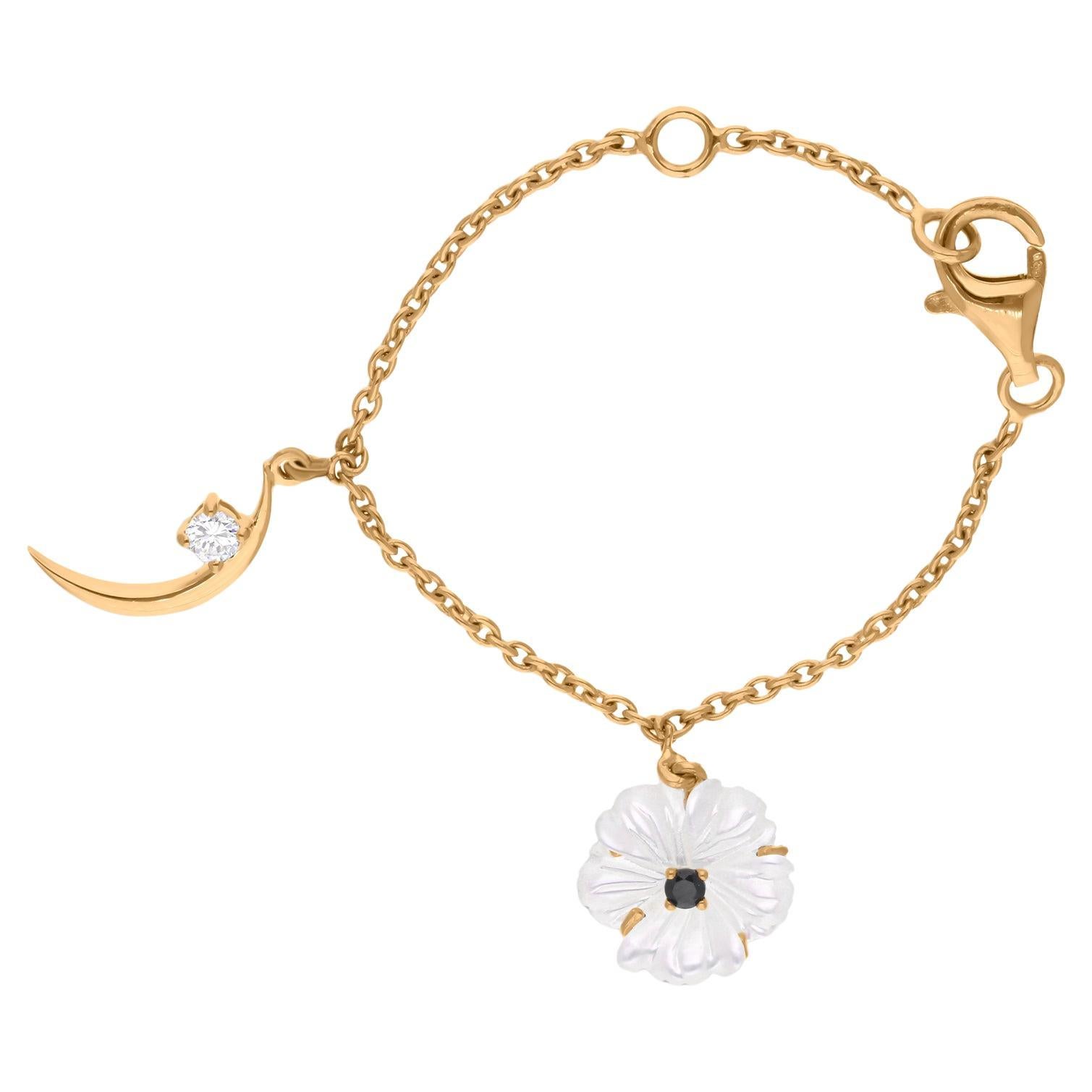 Mother of Pearl Flower and Moon Watch Chain Charm SI/H Diamond 14k Yellow Gold For Sale