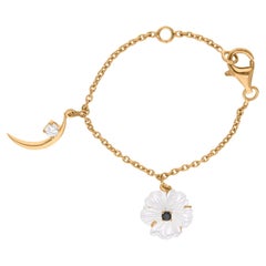 Mother of Pearl Flower and Moon Watch Chain Charm SI/H Diamond 14k Yellow Gold