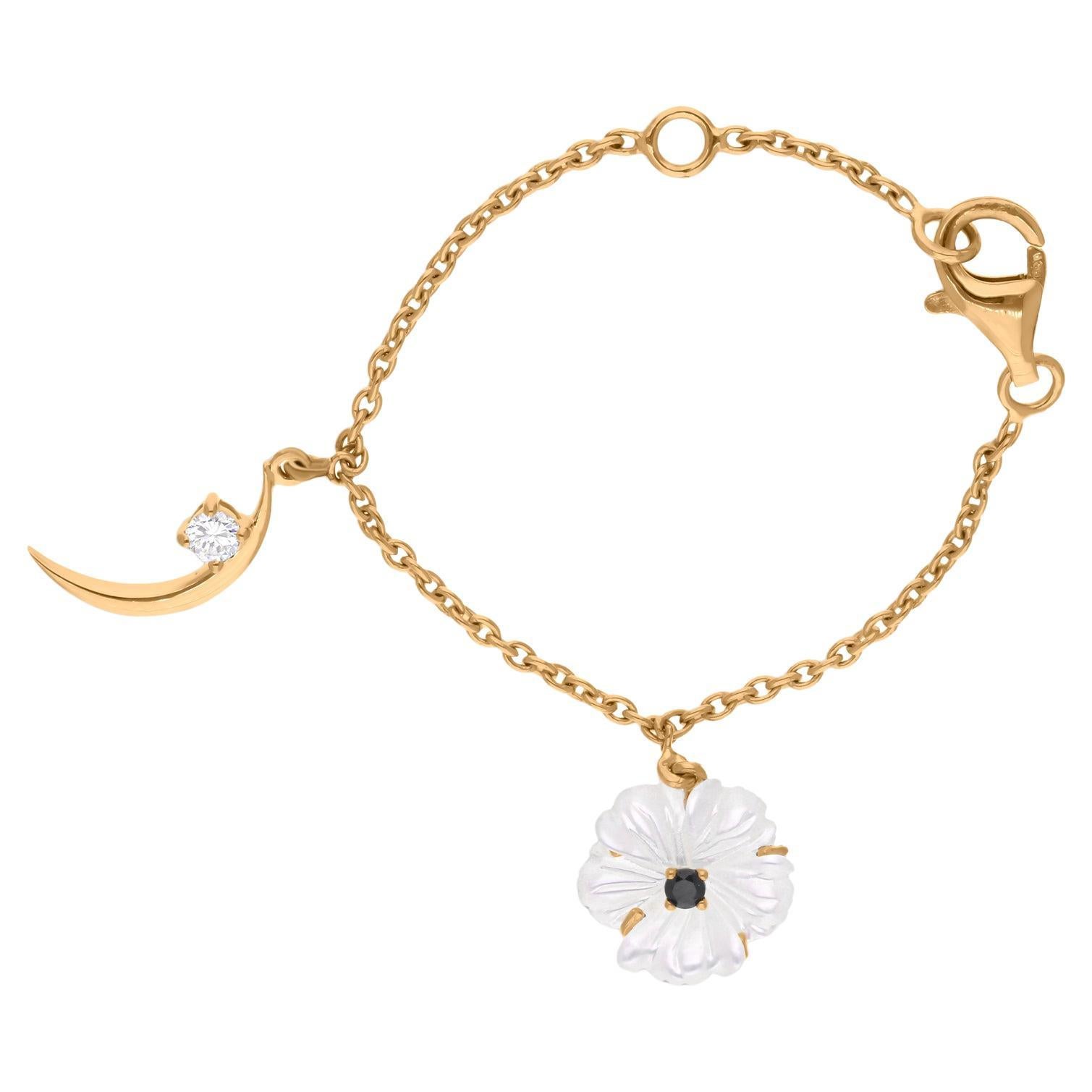 Mother of Pearl Flower and Moon Watch Chain Charm SI/H Diamond 18k Yellow Gold
