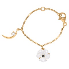 Mother of Pearl Flower and Moon Watch Chain Charm SI/H Diamond 18k Yellow Gold