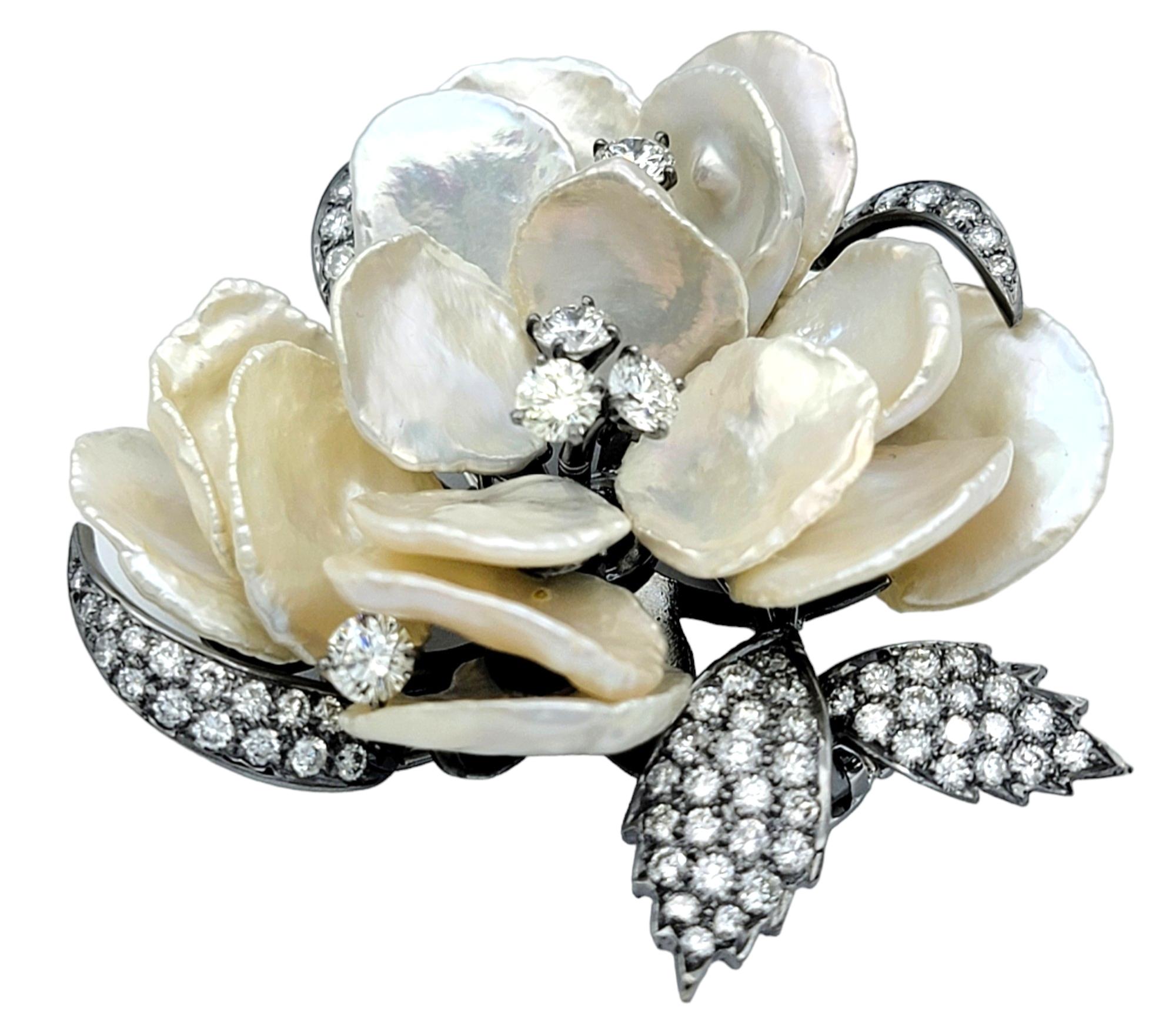 Contemporary Mother of Pearl Flower Brooch with Diamonds in 18K White Gold and Black Rhodium For Sale