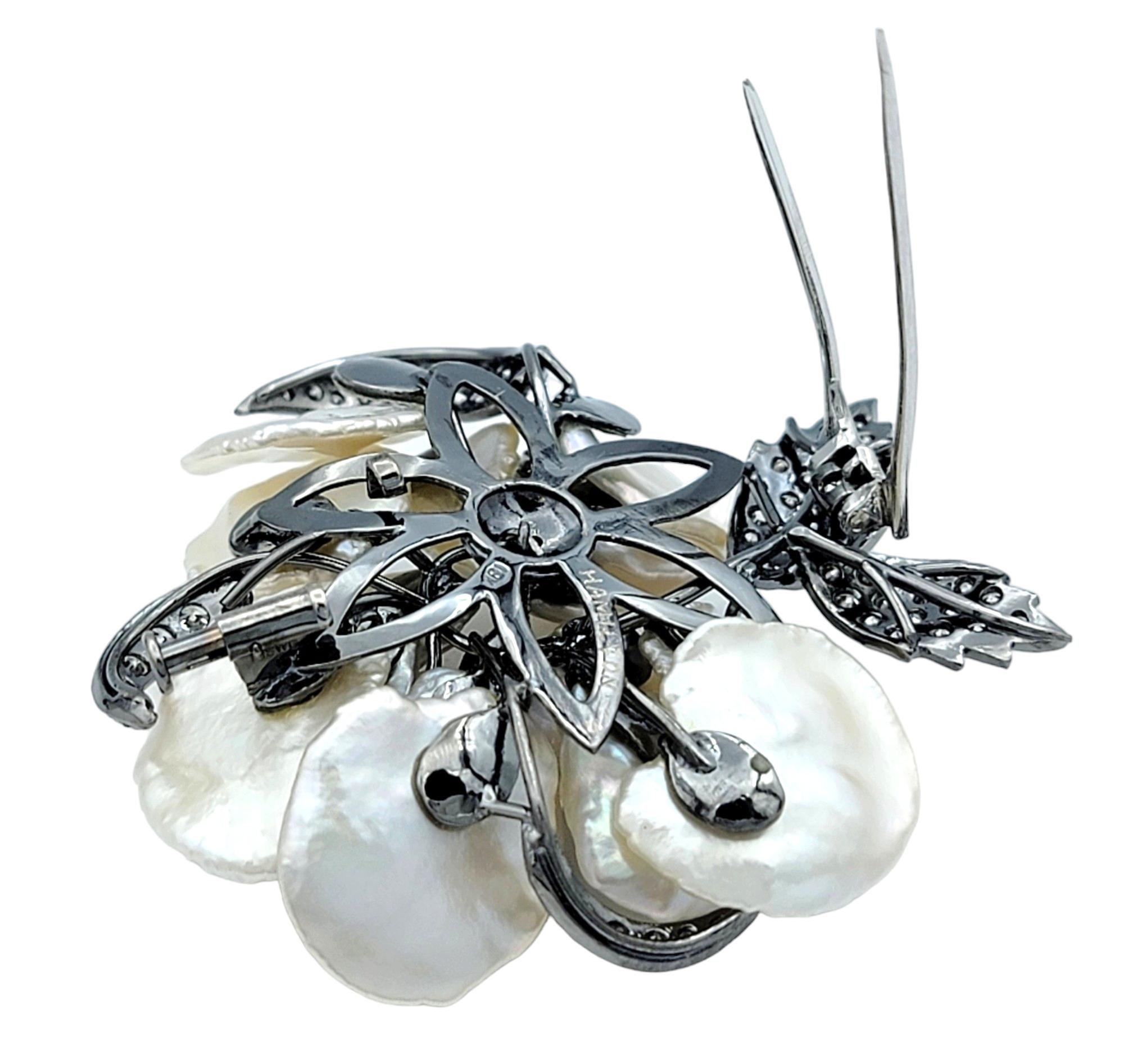 Women's Mother of Pearl Flower Brooch with Diamonds in 18K White Gold and Black Rhodium For Sale