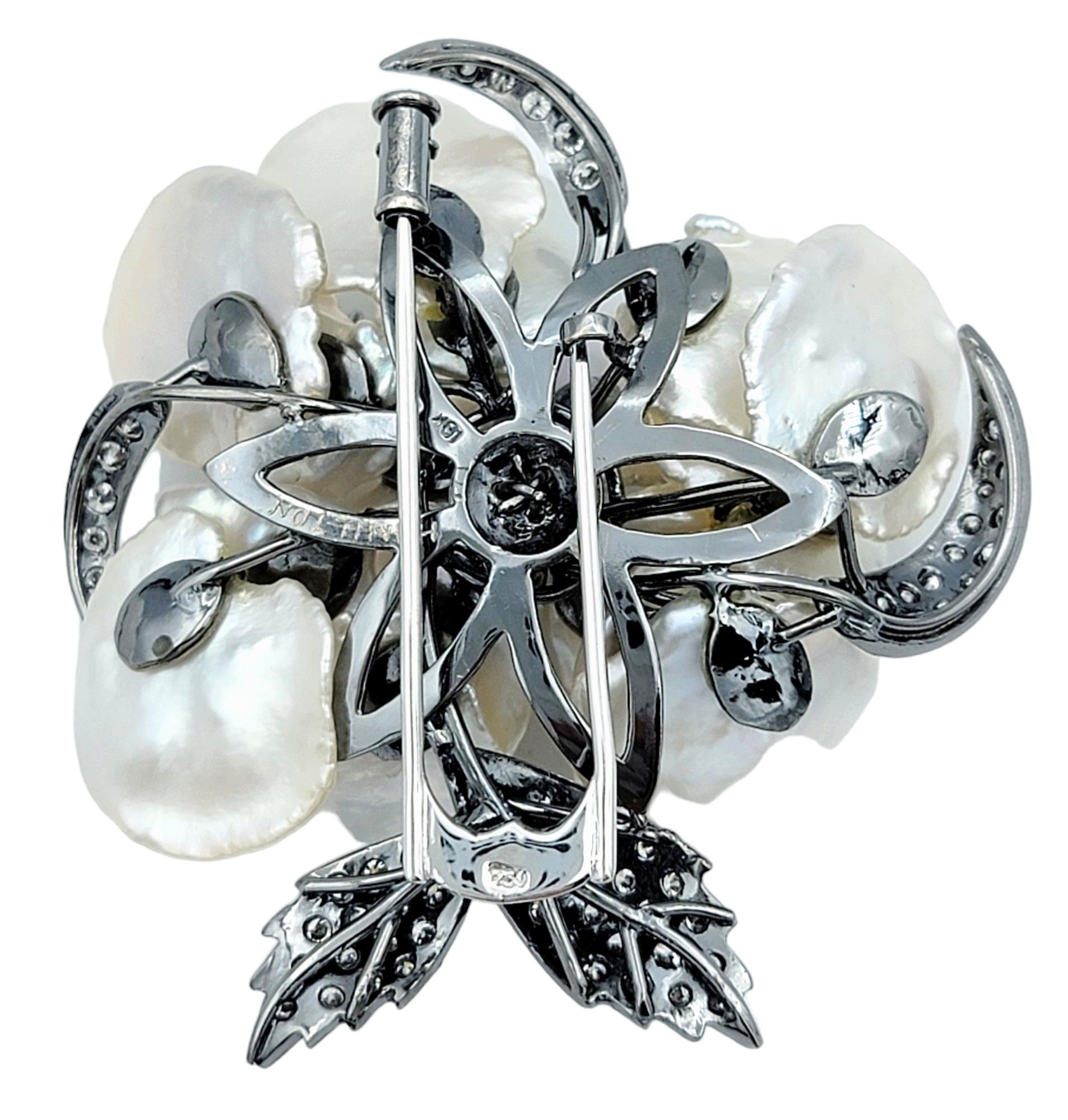 Mother of Pearl Flower Brooch with Diamonds in 18K White Gold and Black Rhodium For Sale 1