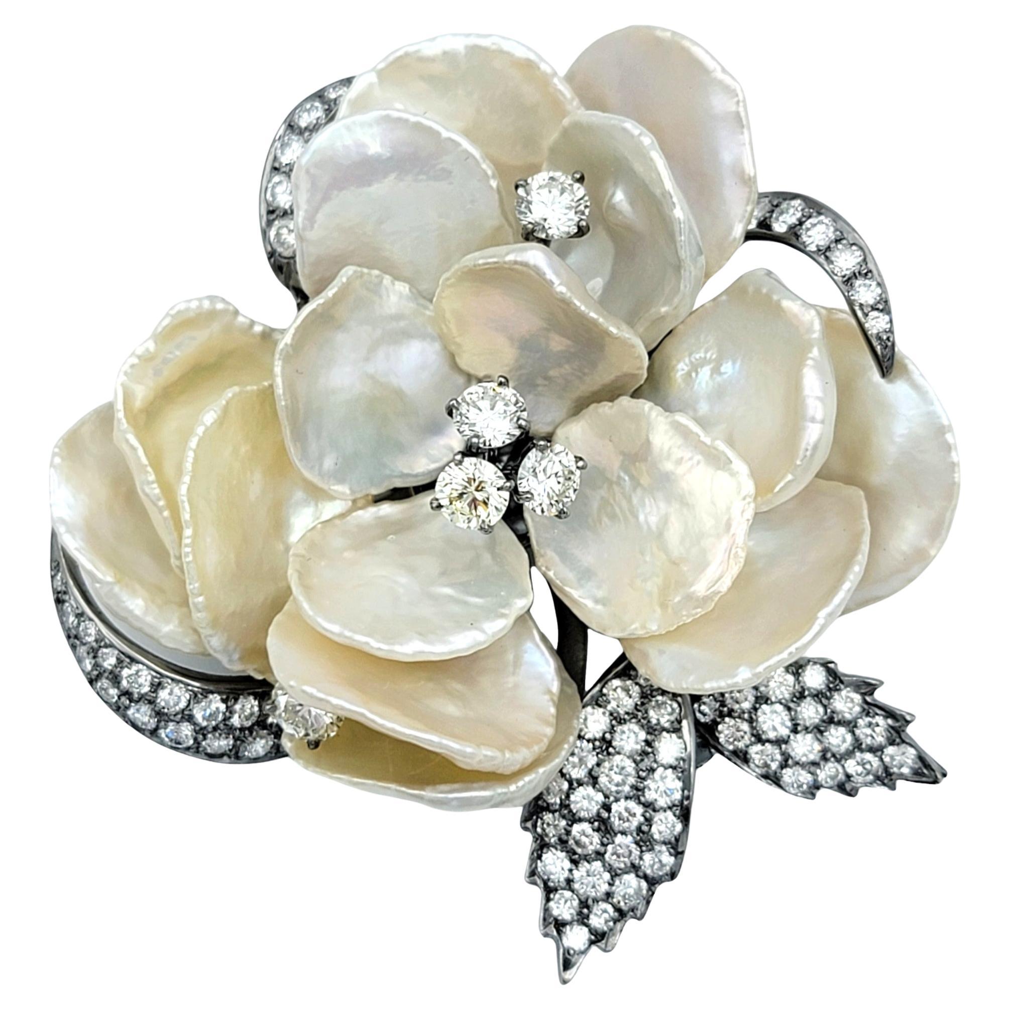 Mother of Pearl Flower Brooch with Diamonds in 18K White Gold and Black Rhodium For Sale