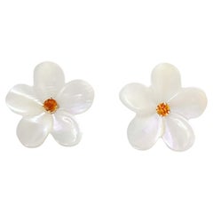 Mother of Pearl Flower Earrings with Yellow Topaz Centers in 14k Yellow Gold