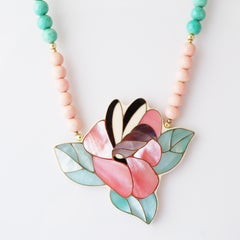 Mother of Pearl Flower Necklace With Gemstone Beads By Lee Sands, 1980s