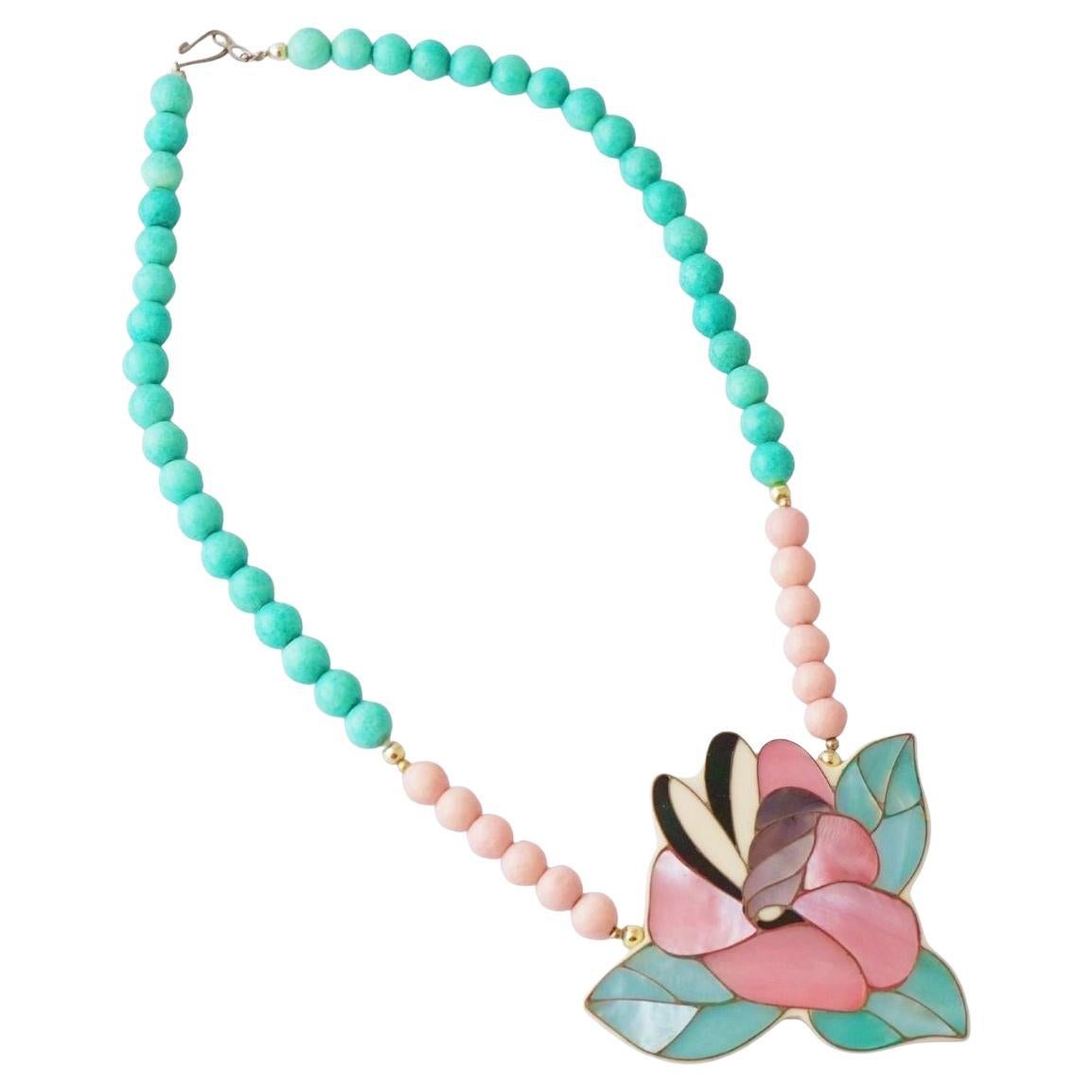 Perlmuttblüten-Halskette mit Edelsteinperlen von Lee Sands, 1980er Jahre im Angebot