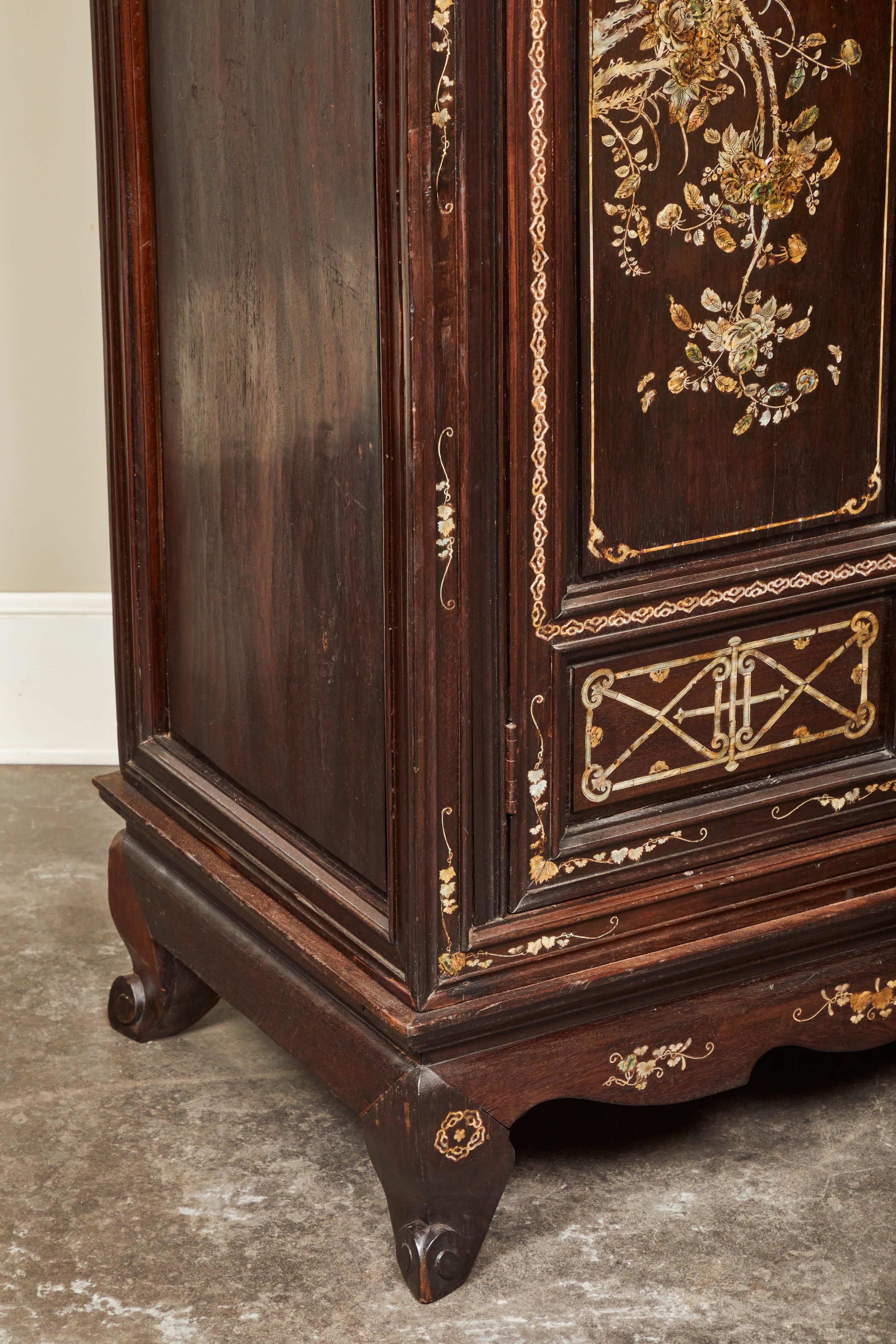 Mother of Pearl French Colonial Vietnamese 2-Door Cabinet In Good Condition For Sale In Pasadena, CA