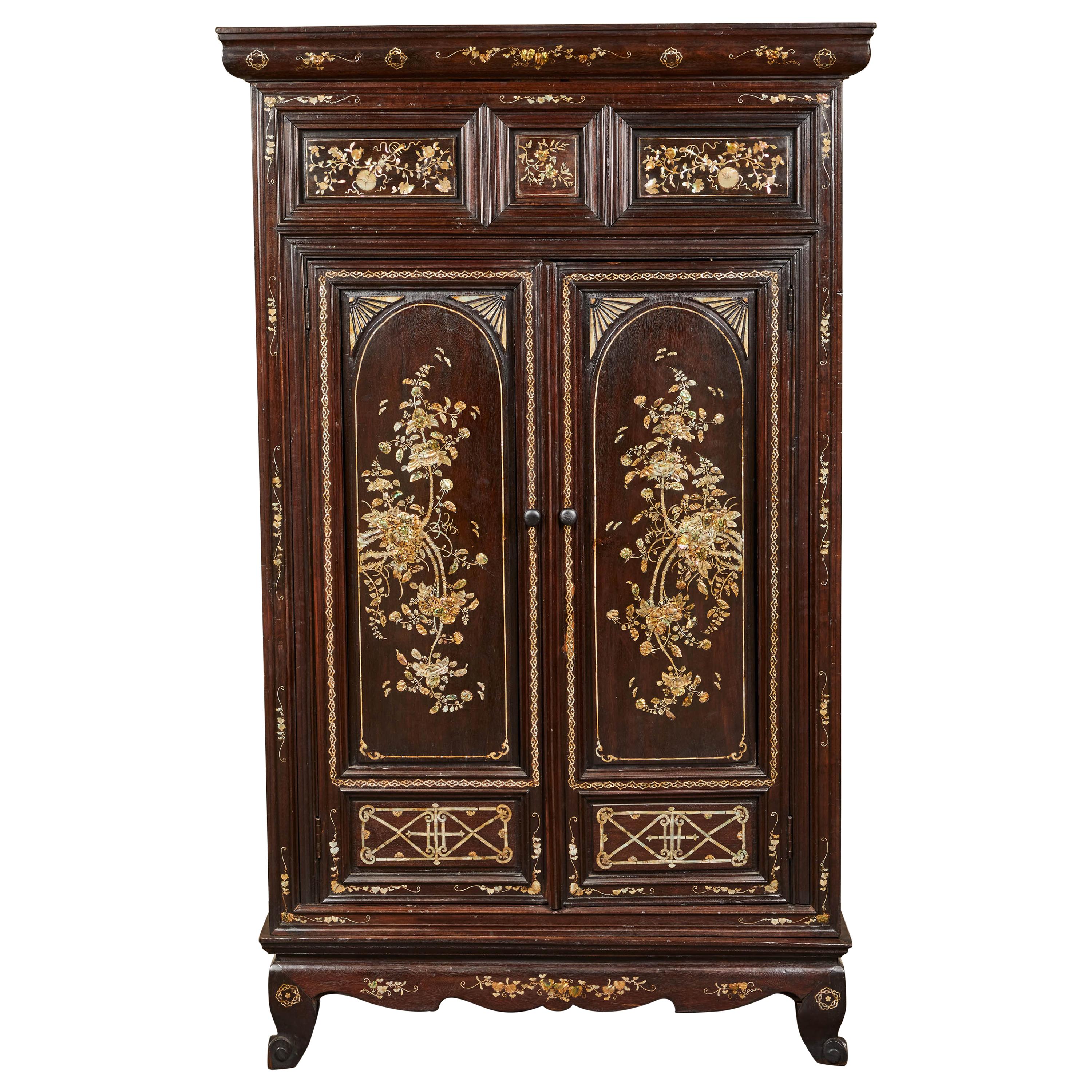Mother of Pearl French Colonial Vietnamese 2-Door Cabinet For Sale