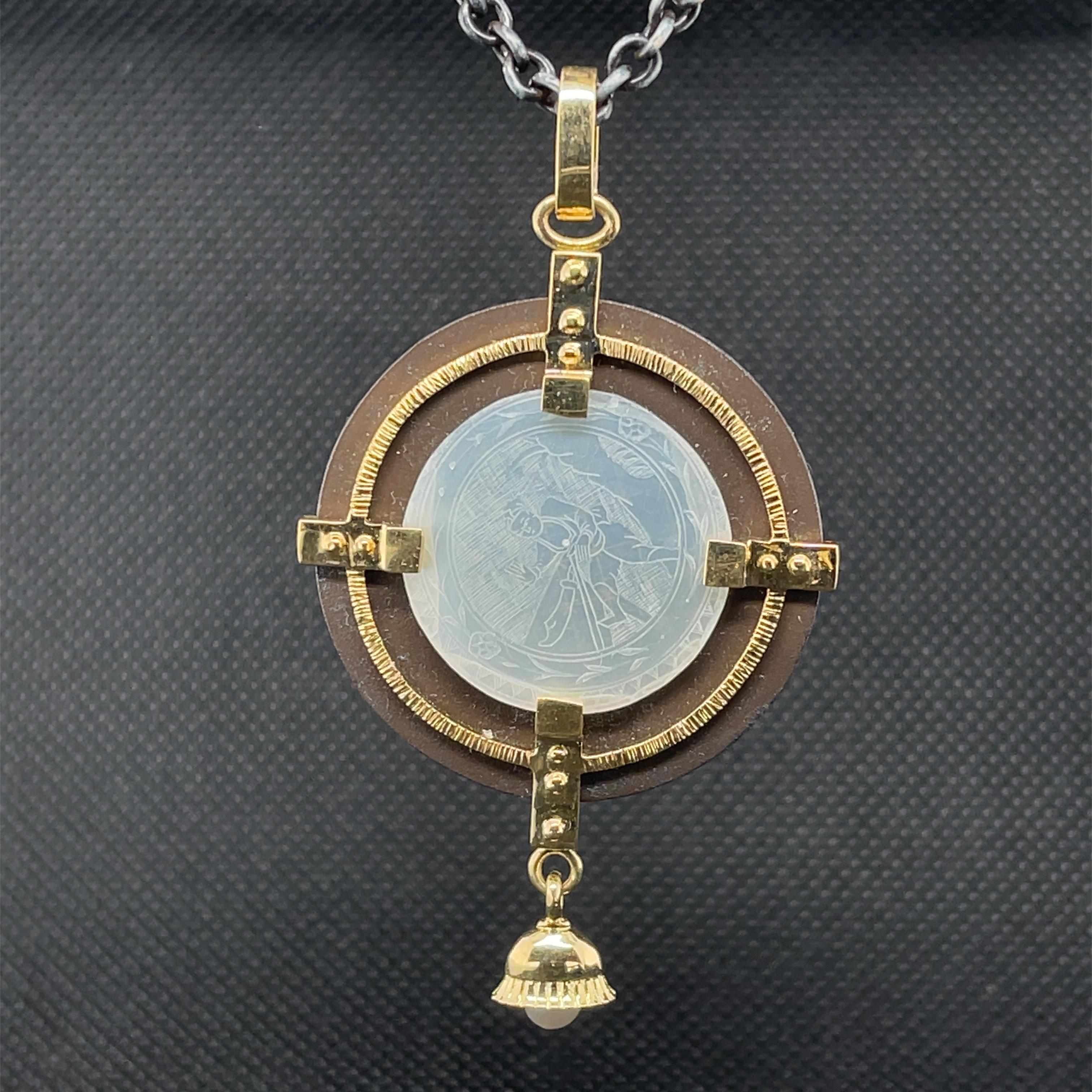 Mixed Cut Mother-of-Pearl Gambling Counter Pendant in Yellow Gold and Blackened Silver For Sale