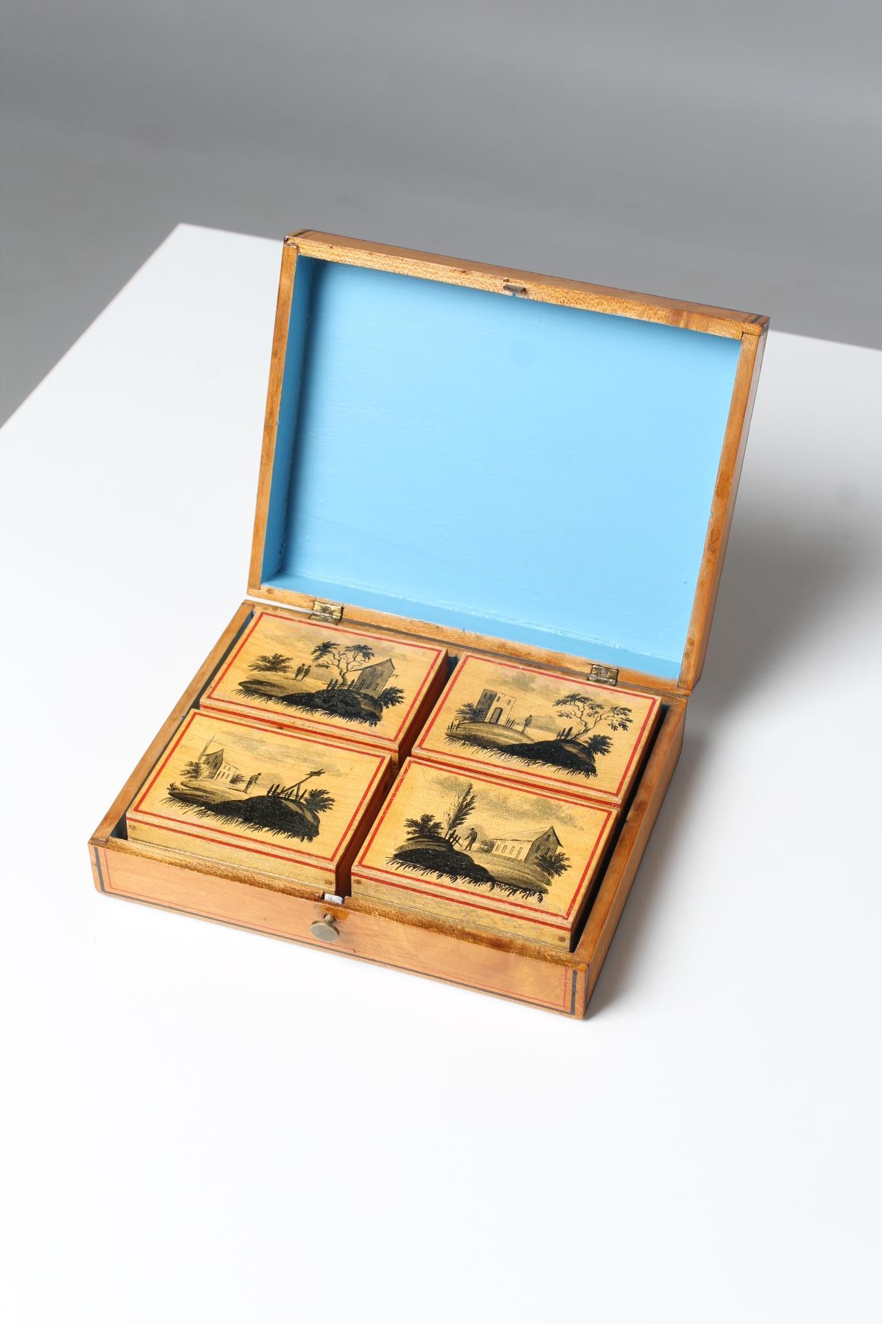 Painted Mother Of Pearl Game Pieces in Wooden Box in Chinese Style For Sale