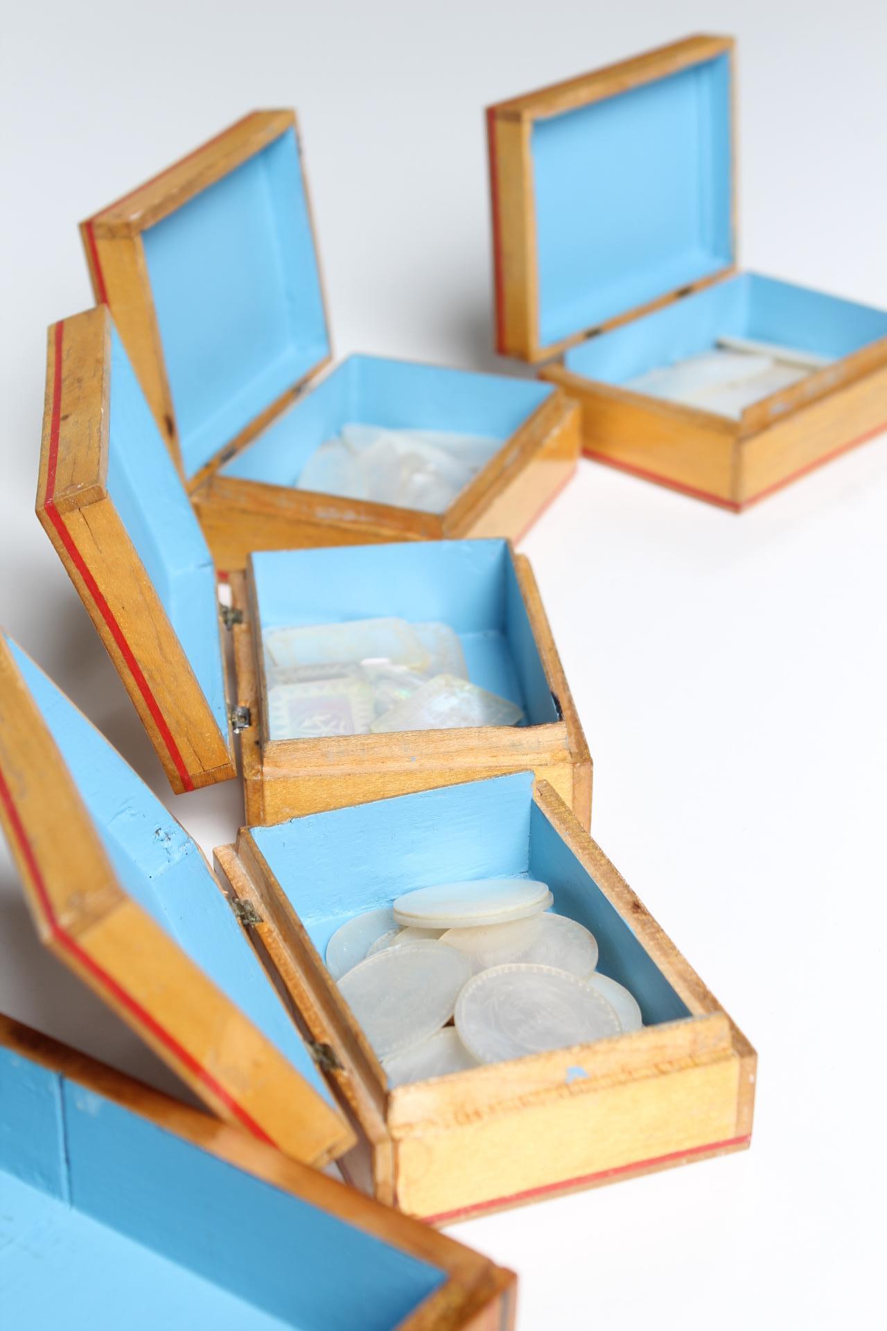 Mother Of Pearl Game Pieces in Wooden Box in Chinese Style For Sale 2