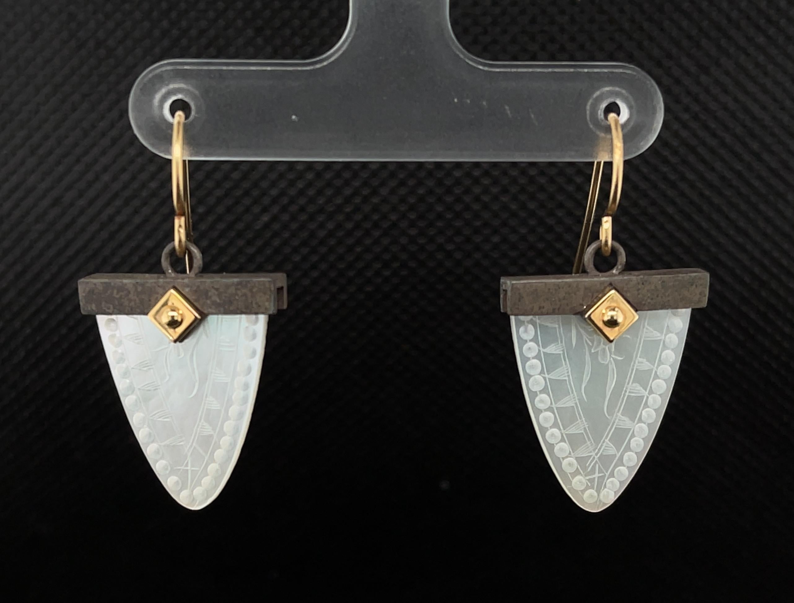 Artisan Mother-of-Pearl Gaming Counter 18K Yellow Gold, Blackened Silver Drop Earrings