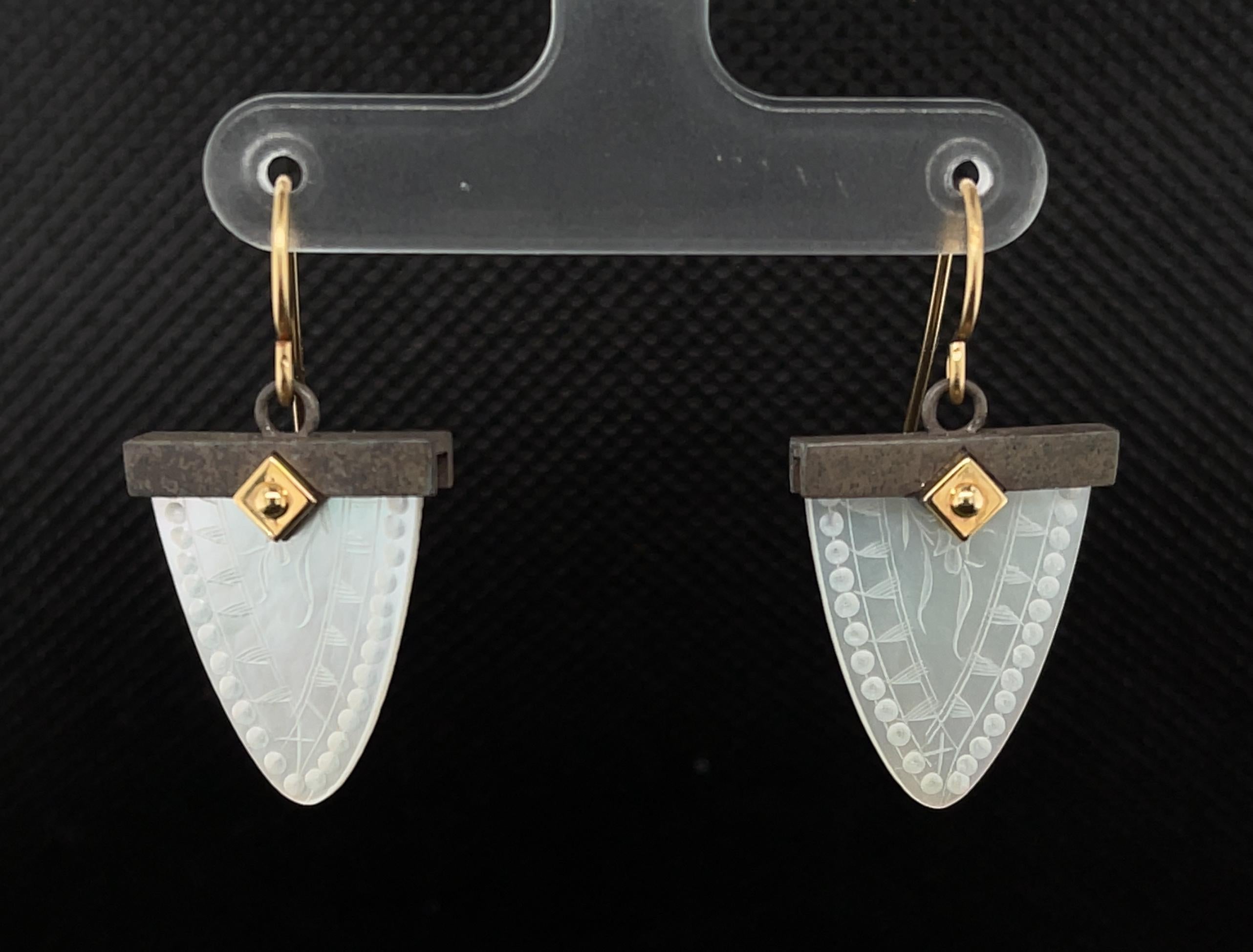 Artisan Mother-of-Pearl Gaming Counter, 18k Yellow Gold, Blackened Silver Drop Earrings For Sale