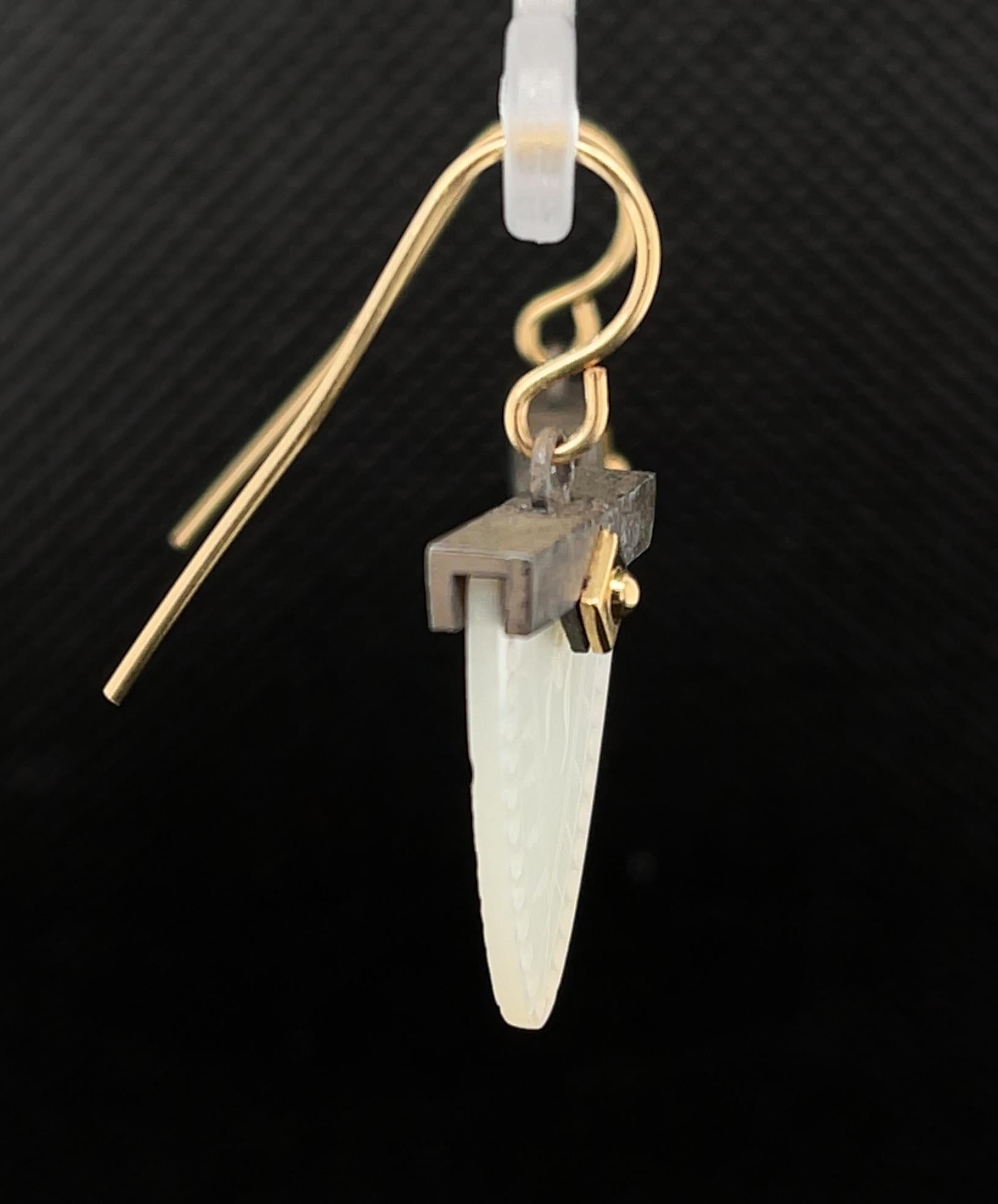 Mother-of-Pearl Gaming Counter 18K Yellow Gold, Blackened Silver Drop Earrings In New Condition In Los Angeles, CA