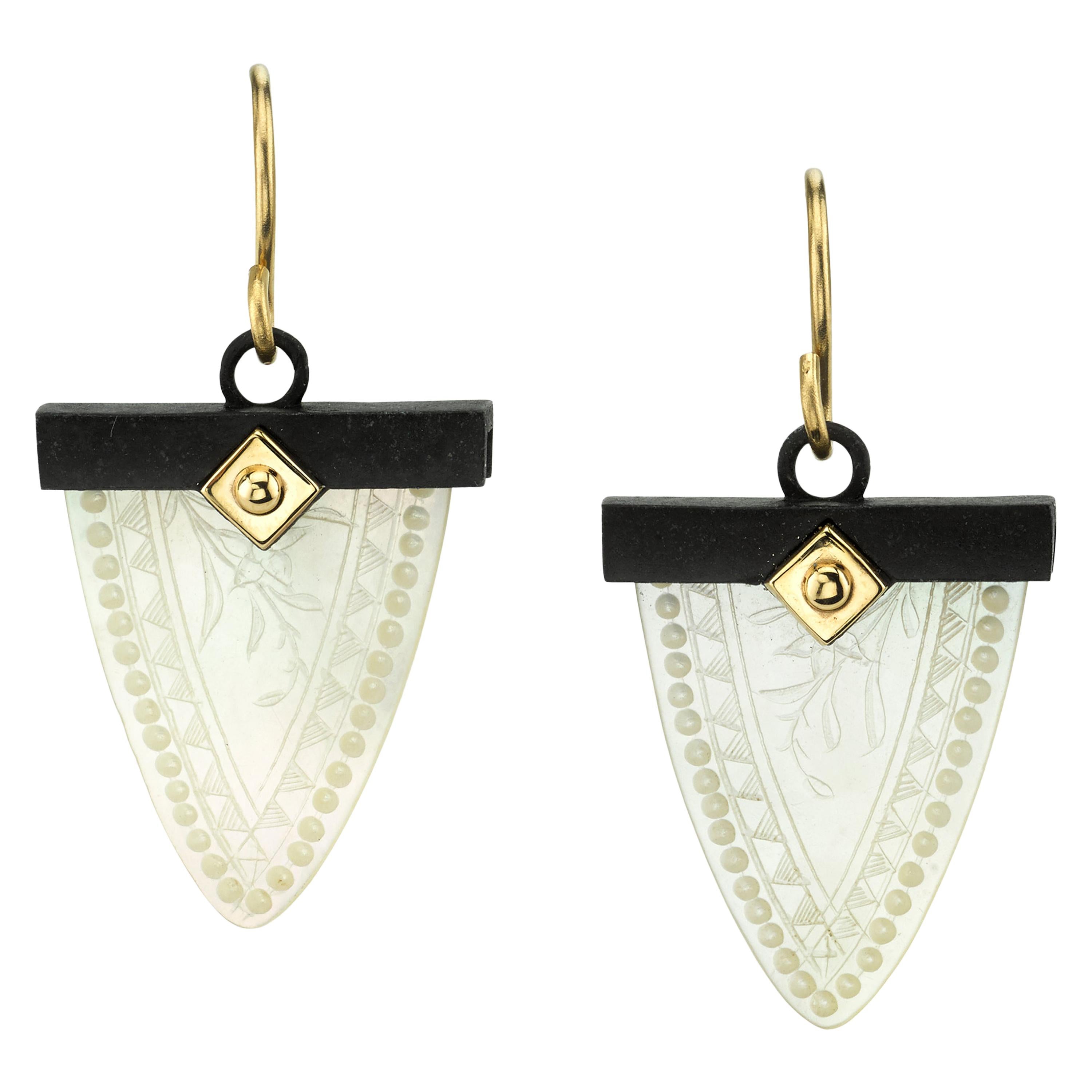 Mother-of-Pearl Gaming Counter 18K Yellow Gold, Blackened Silver Drop Earrings