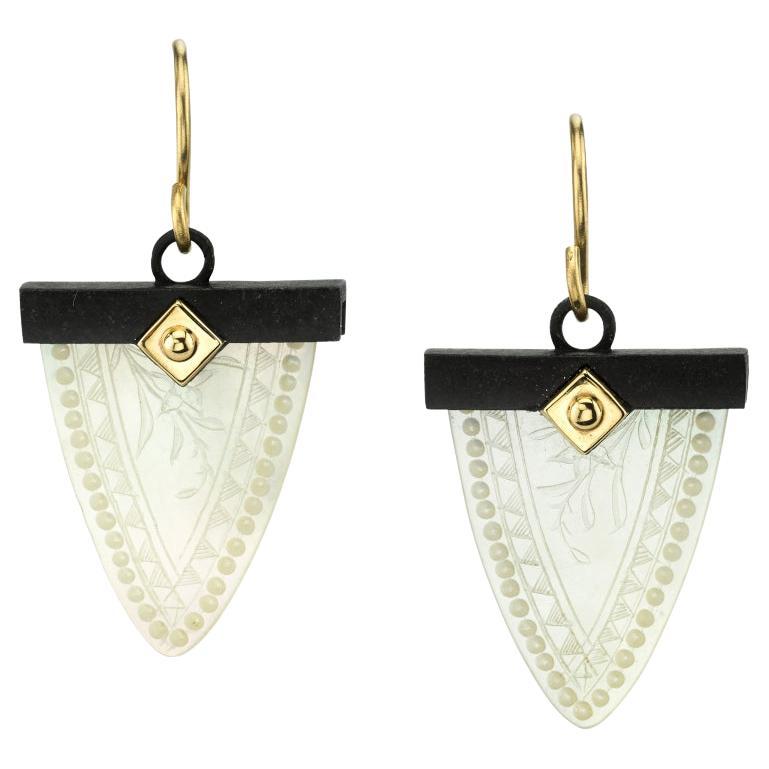 Mother-of-Pearl Gaming Counter, 18k Yellow Gold, Blackened Silver Drop Earrings For Sale