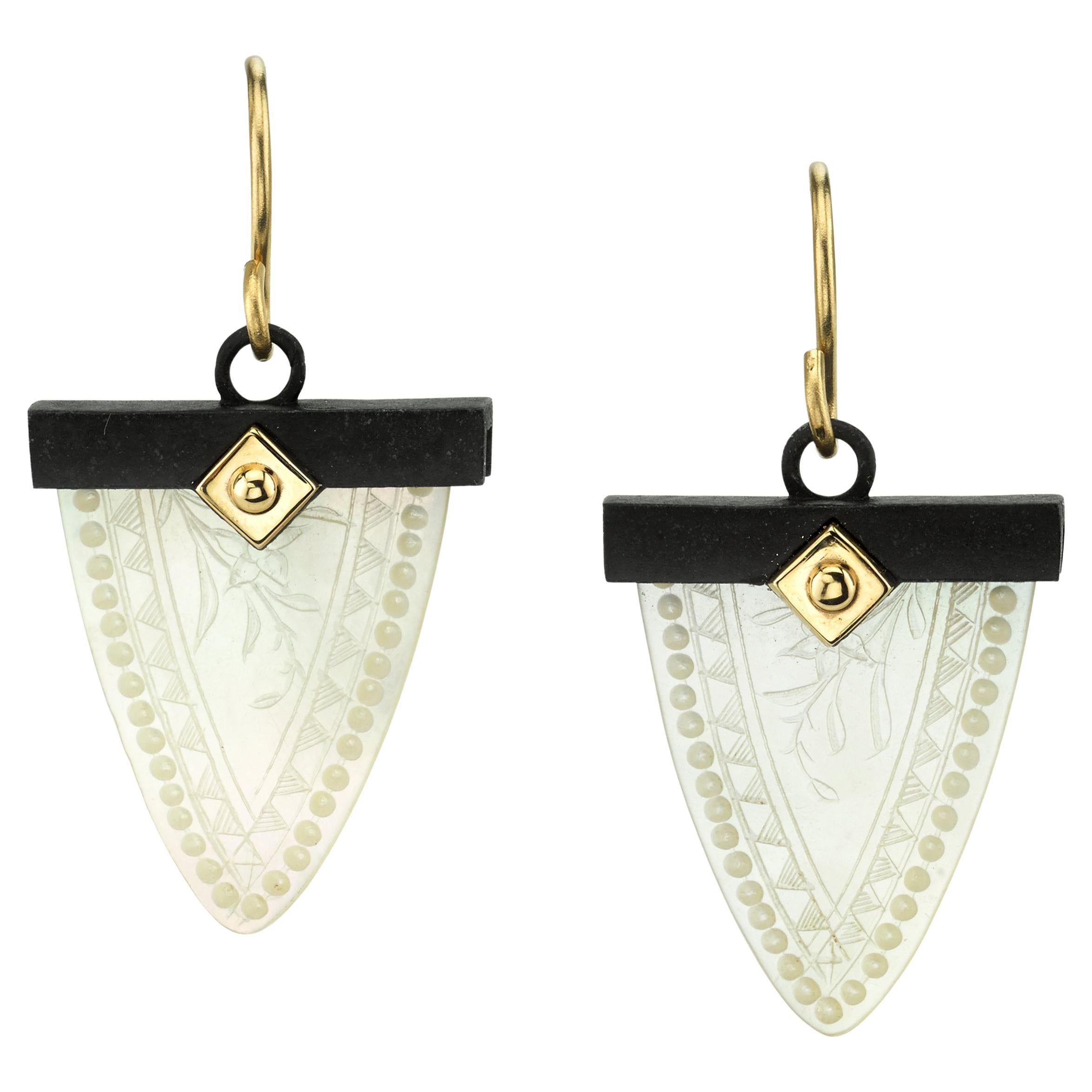 Mother-of-Pearl Gaming Counter, 18k Yellow Gold, Blackened Silver Drop Earrings