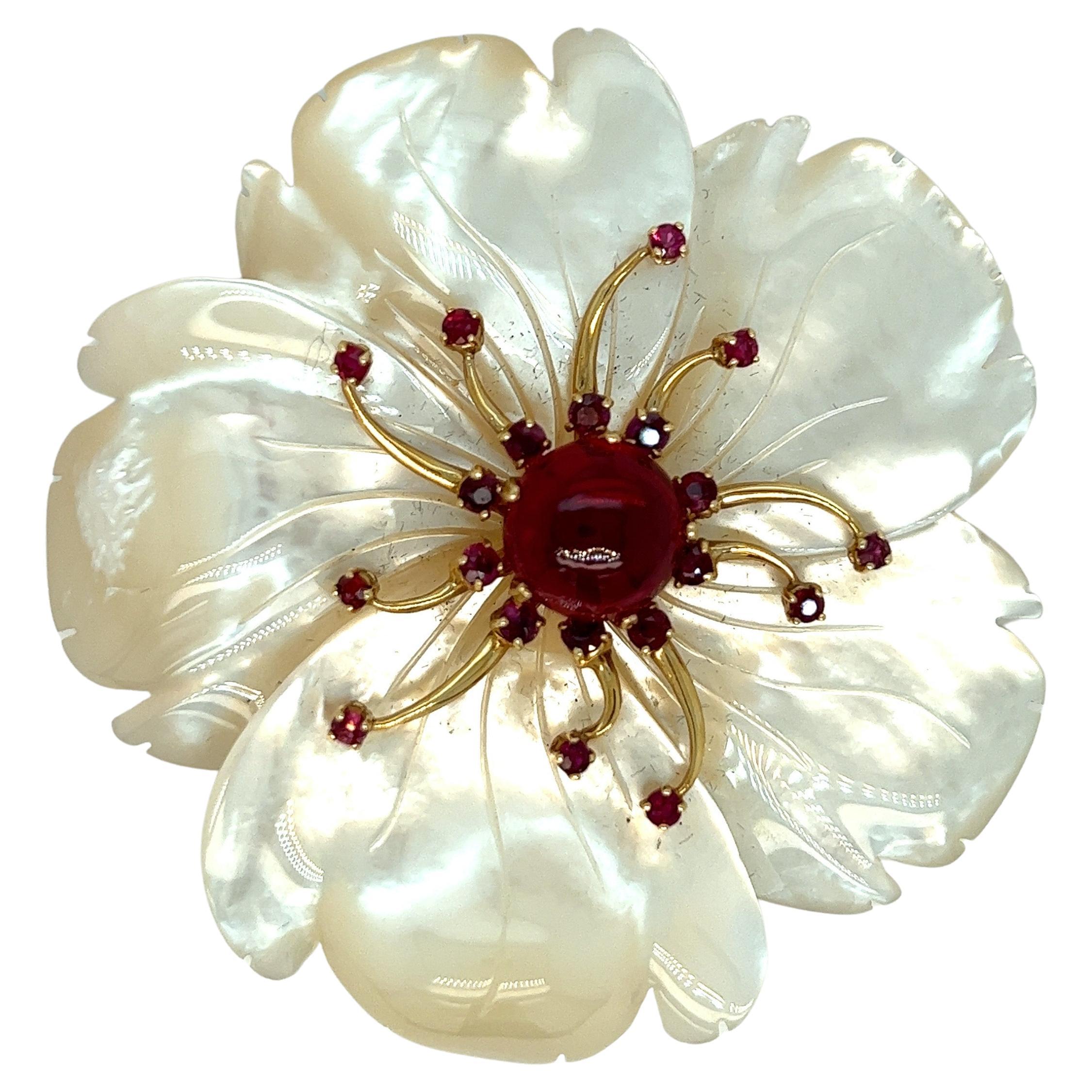 Mother of Pearl Garnet Flower Brooch For Sale