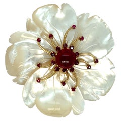 Retro Mother of Pearl Garnet Flower Brooch