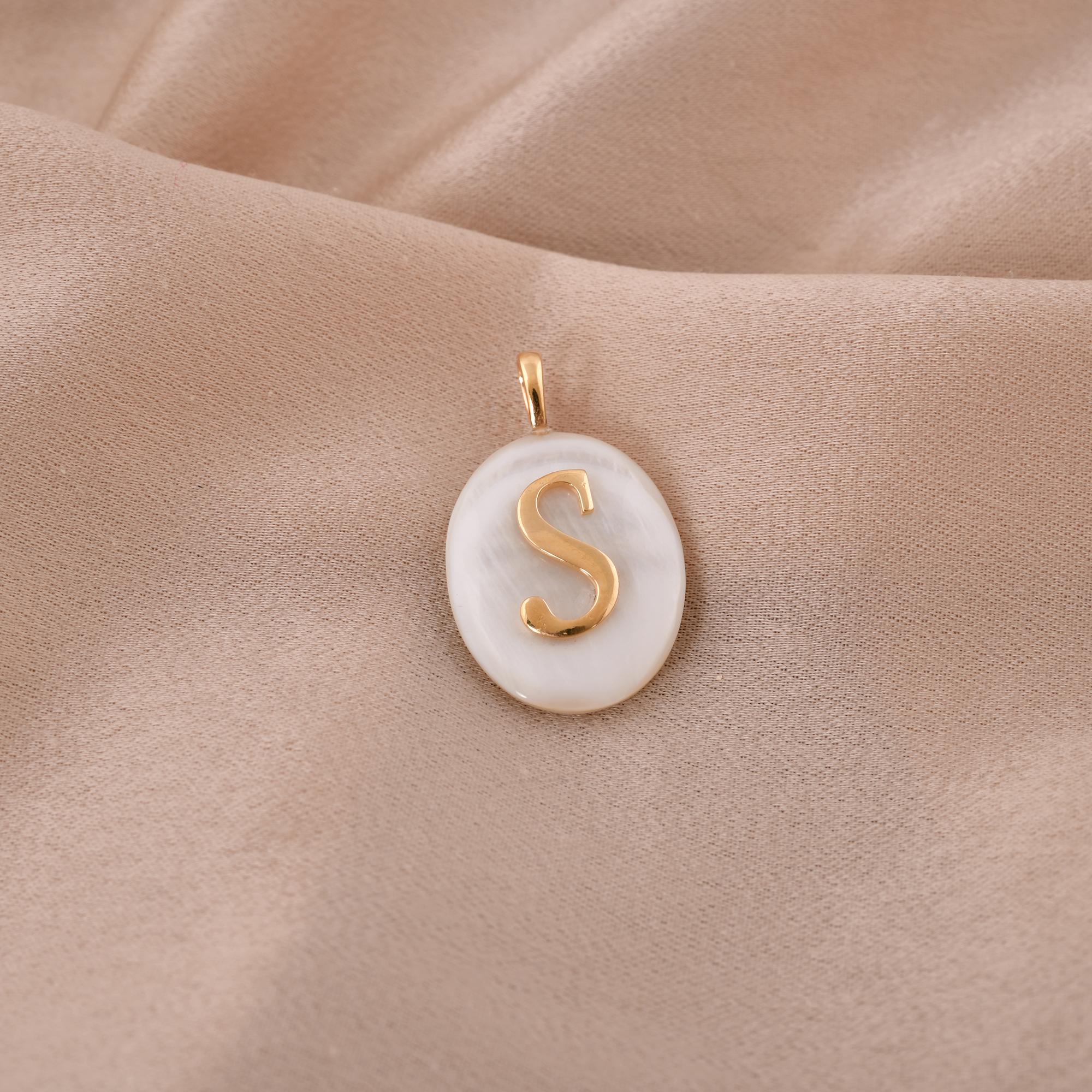 Modern Mother Of Pearl Gemstone Alphabet Initial S Charm Pendant 18 Karat Yellow Gold For Sale