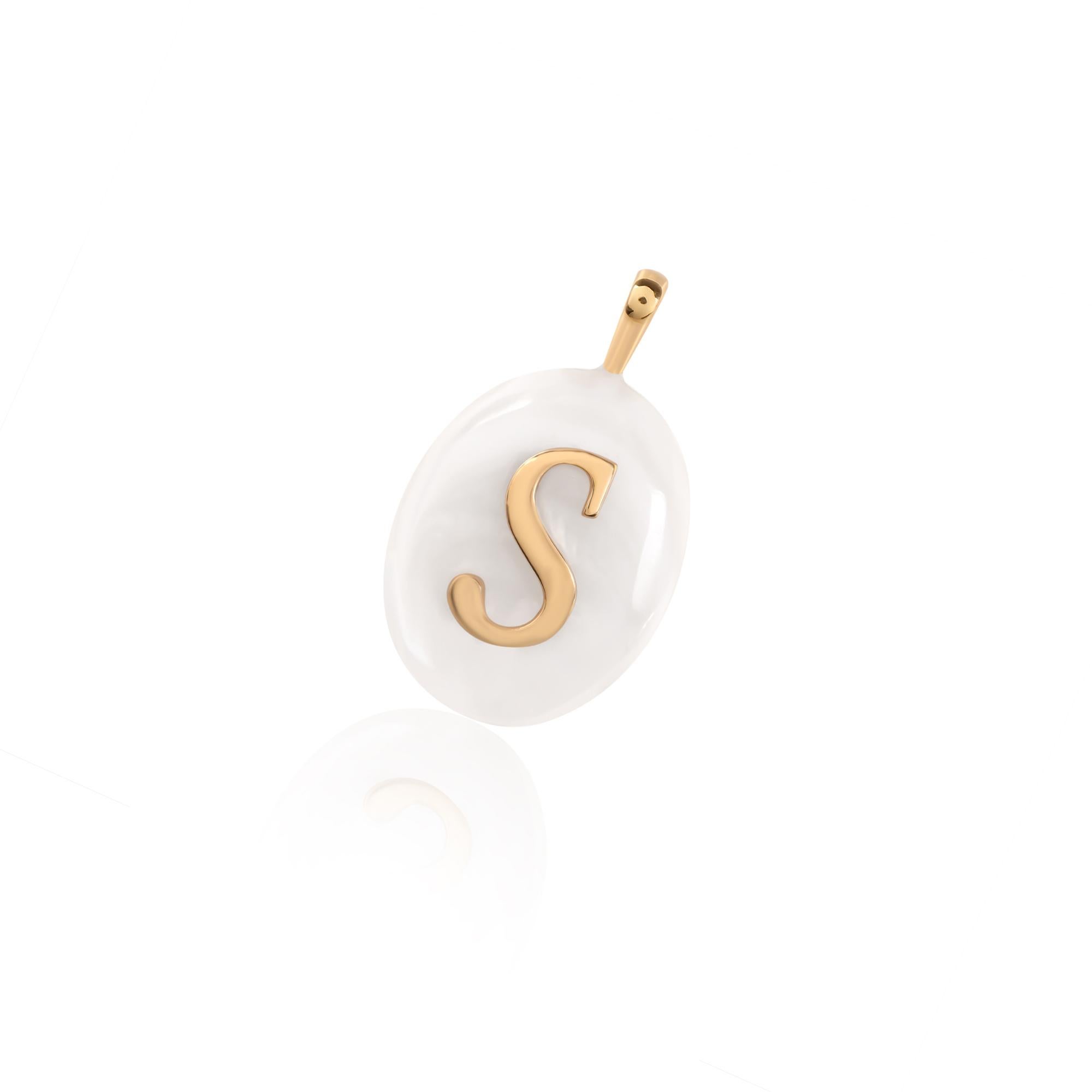 Oval Cut Mother Of Pearl Gemstone Alphabet Initial S Charm Pendant 18 Karat Yellow Gold For Sale