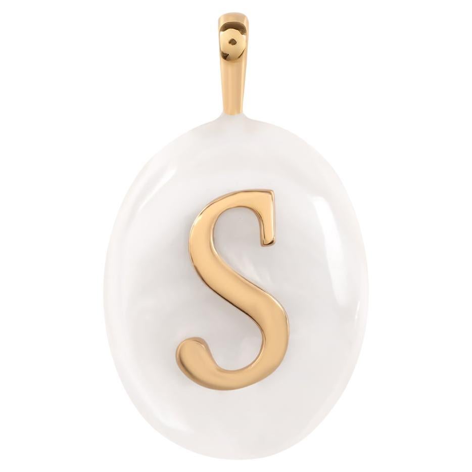 Mother Of Pearl Gemstone Alphabet Initial S Charm Pendant 18 Karat Yellow Gold For Sale